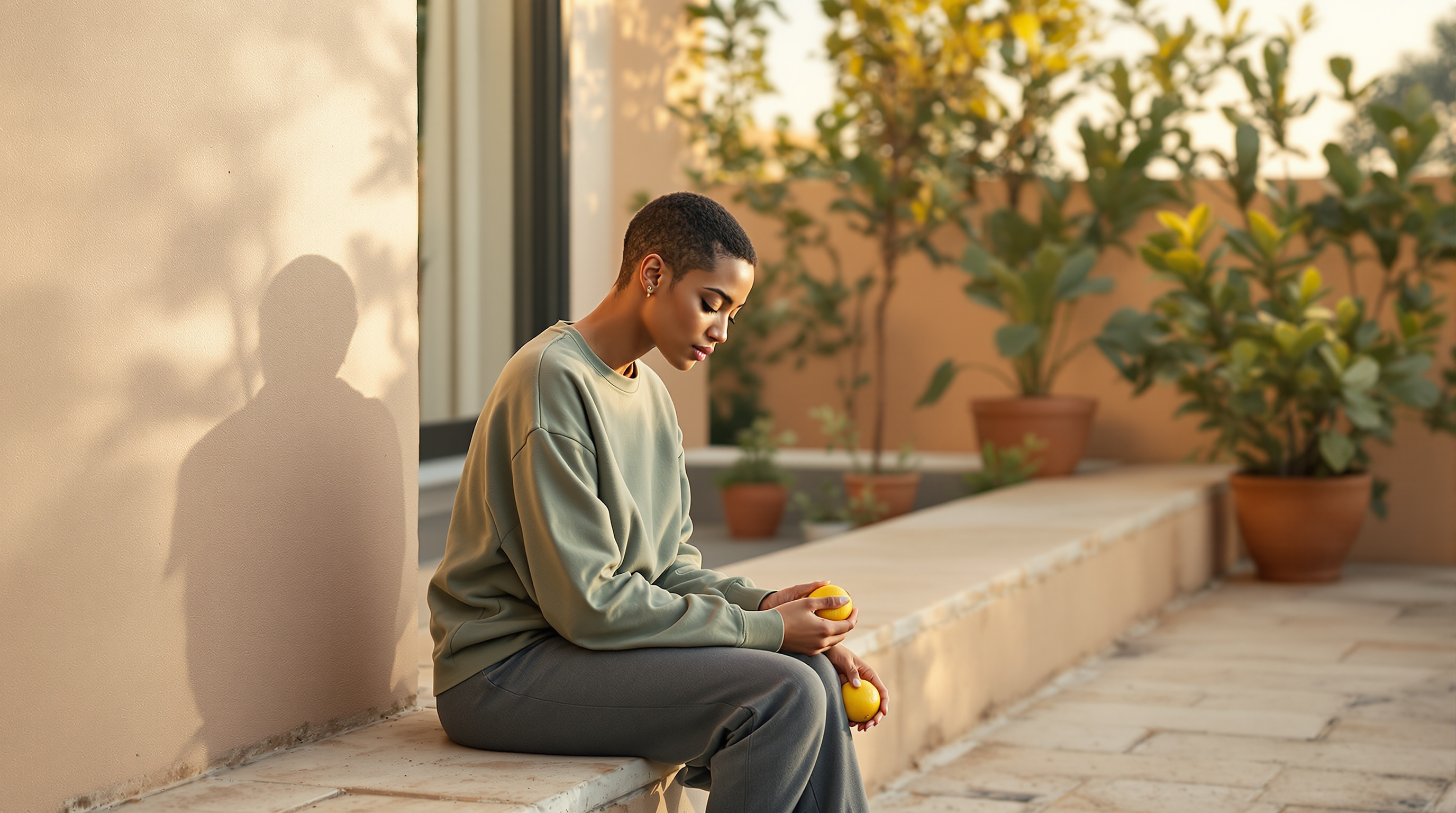 A woman sits on a stone step in a walled courtyard holding a lemon