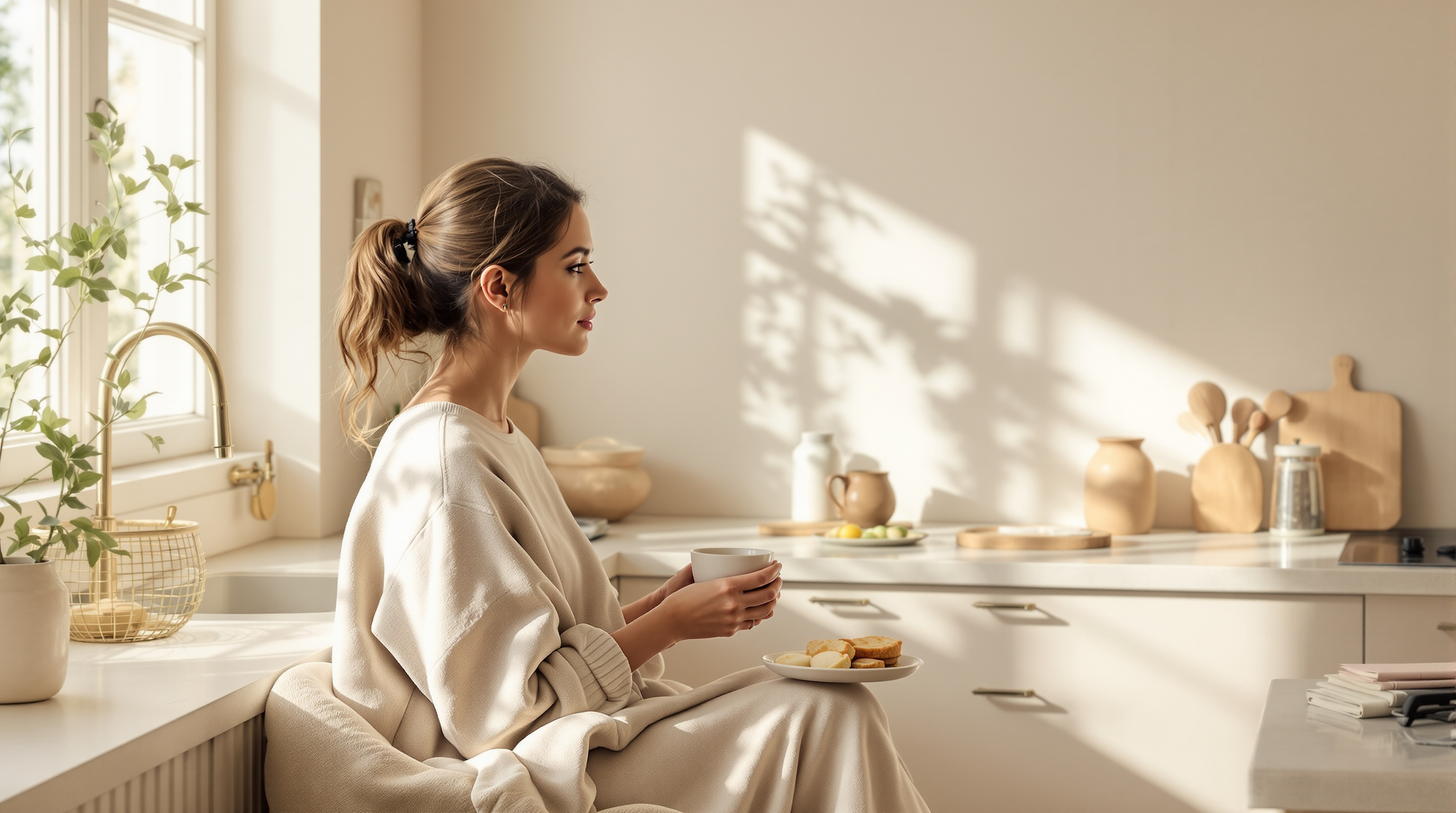 A woman at ease in a sunlit cream-toned kitchen, holding a cup of tea with a simple breakfast beside her