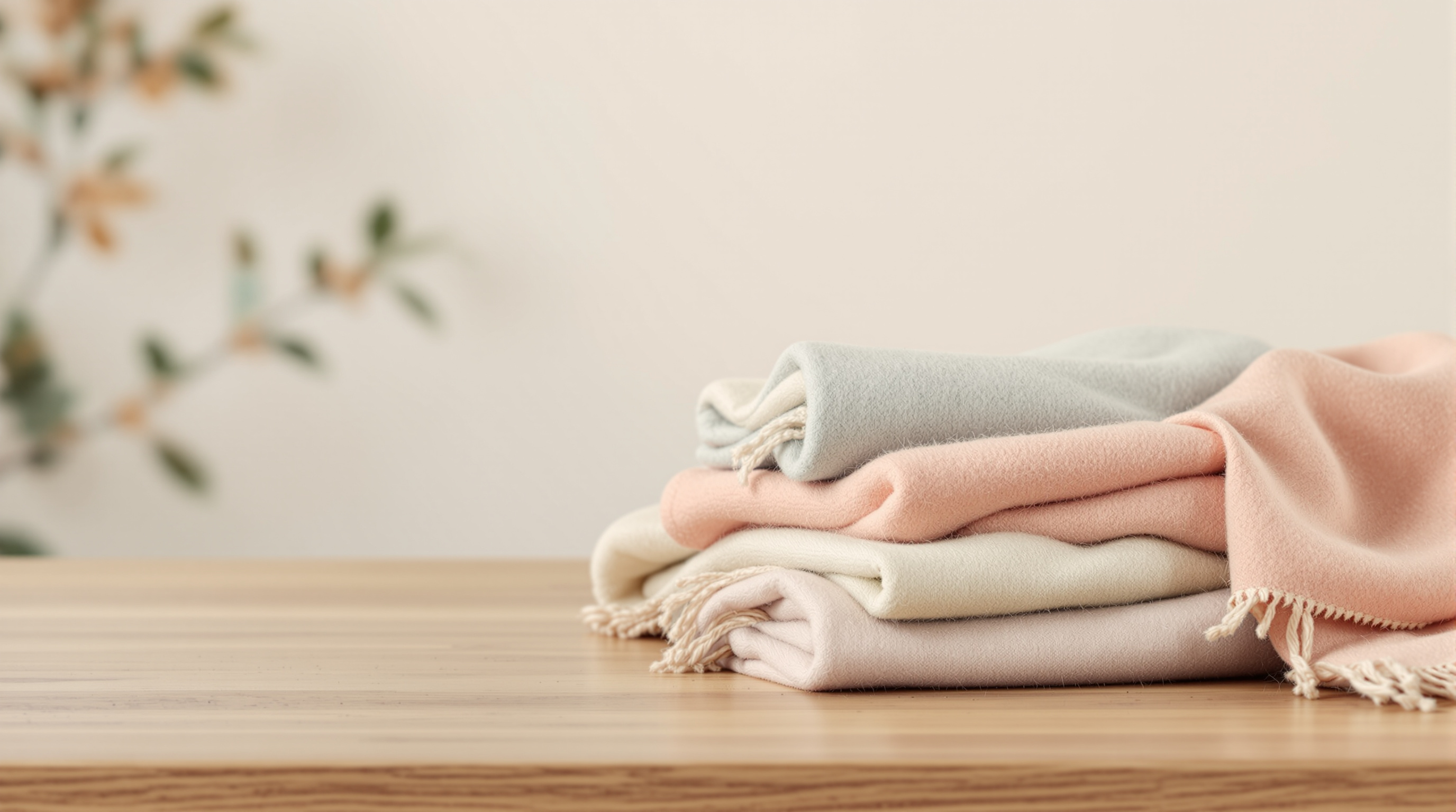 A soft wool scarf folded on bare wood, a close view