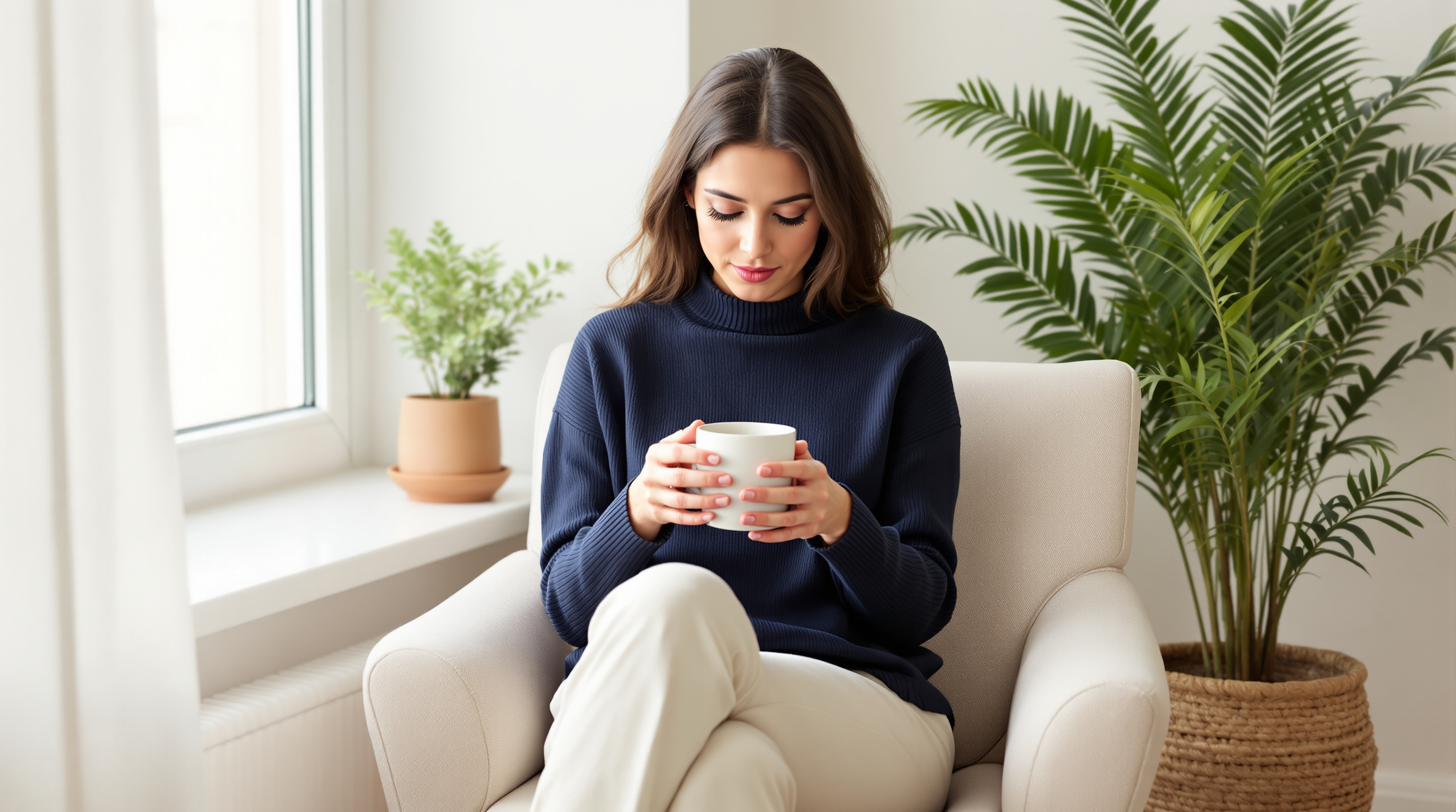 Woman seated by a bright window holding a plain ceramic mug