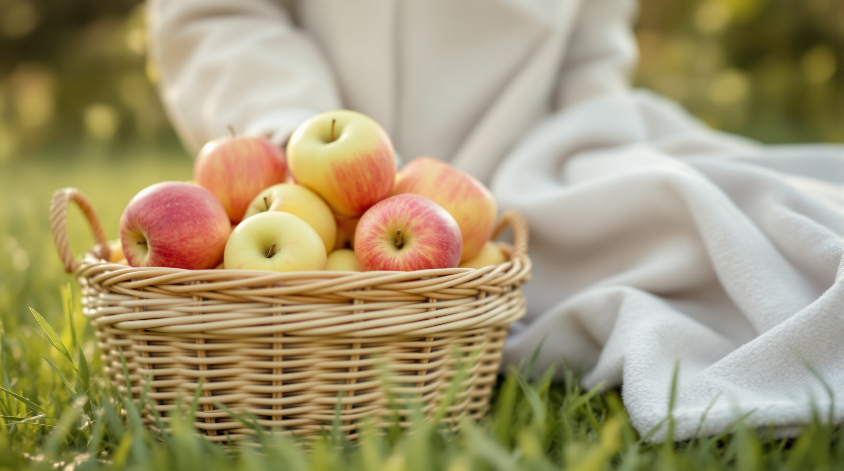 A plain wicker basket of apples on grass, a close view