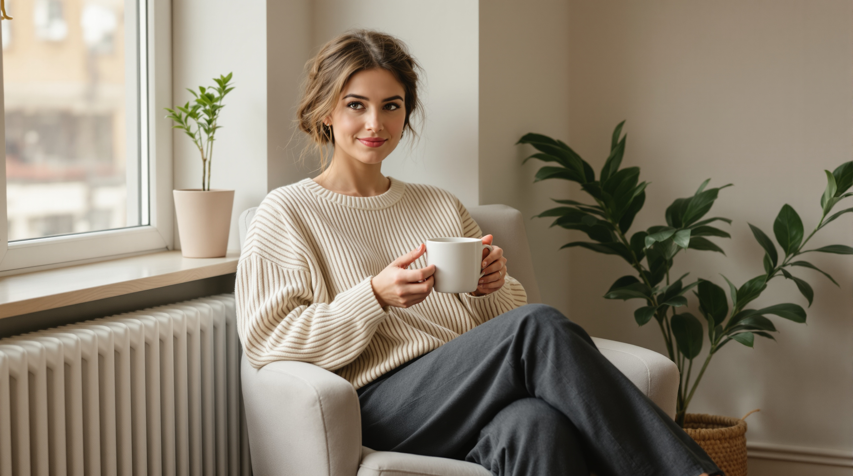 A woman in a cream knit jumper sits by a window holding a plain mug