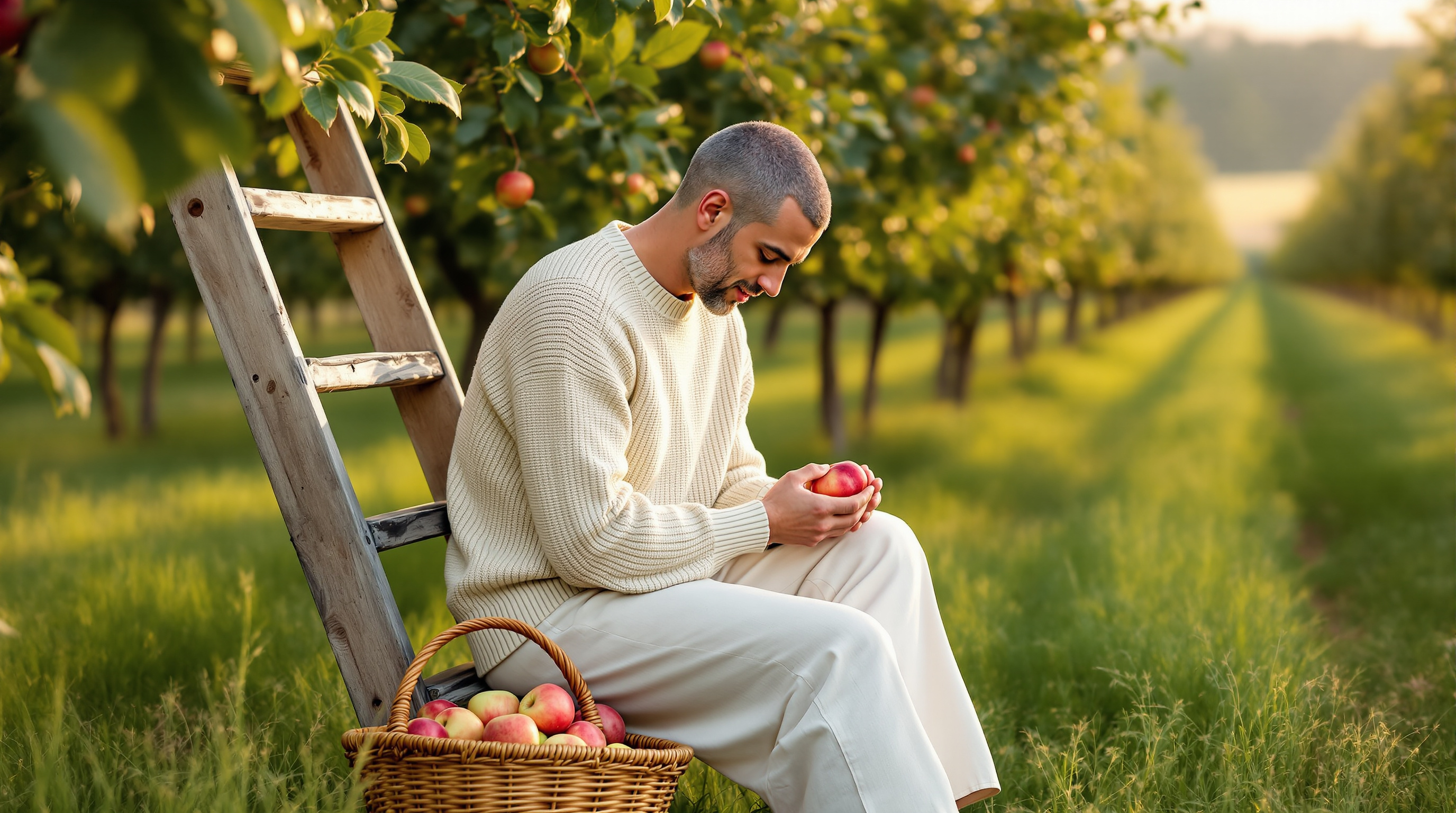 A man sits on a ladder in an orchard beside a basket of apples