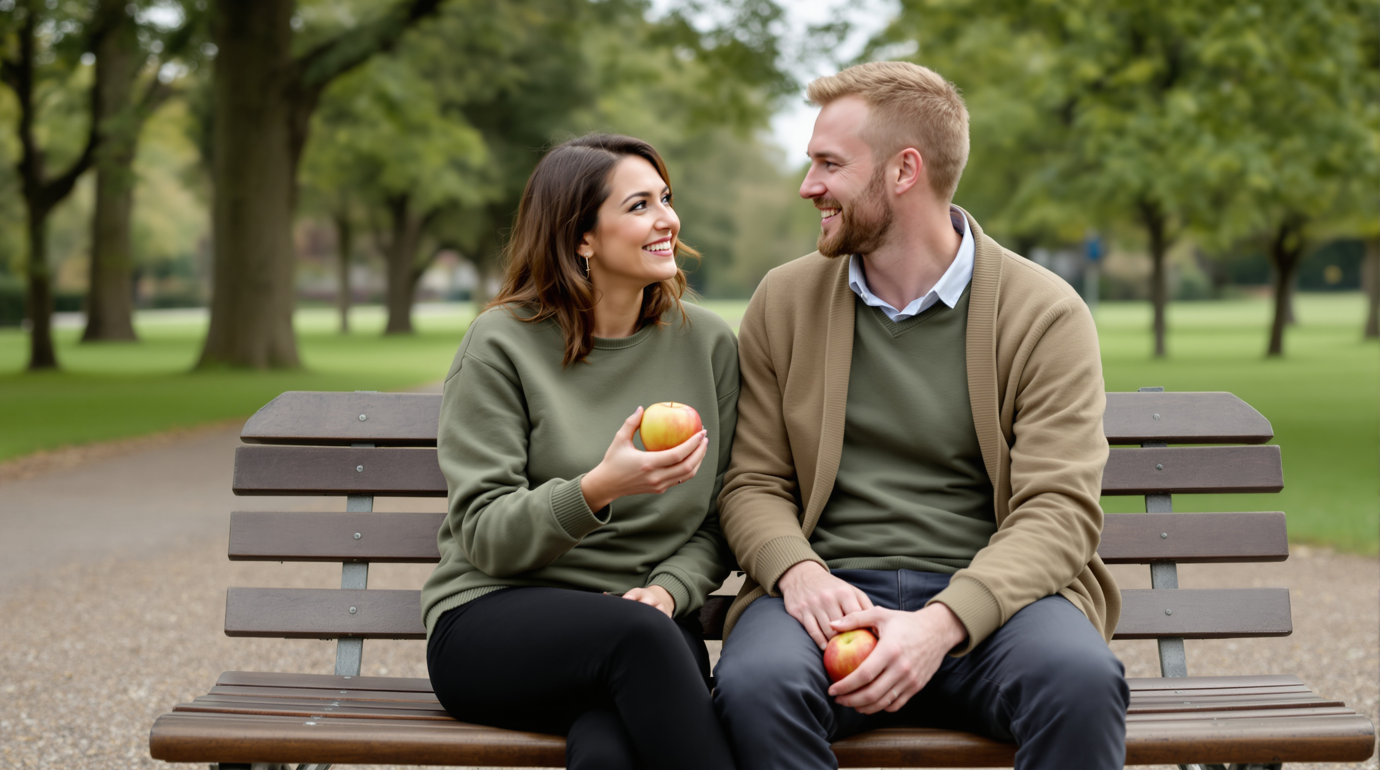 Two friends sit together on a park bench under trees holding an apple