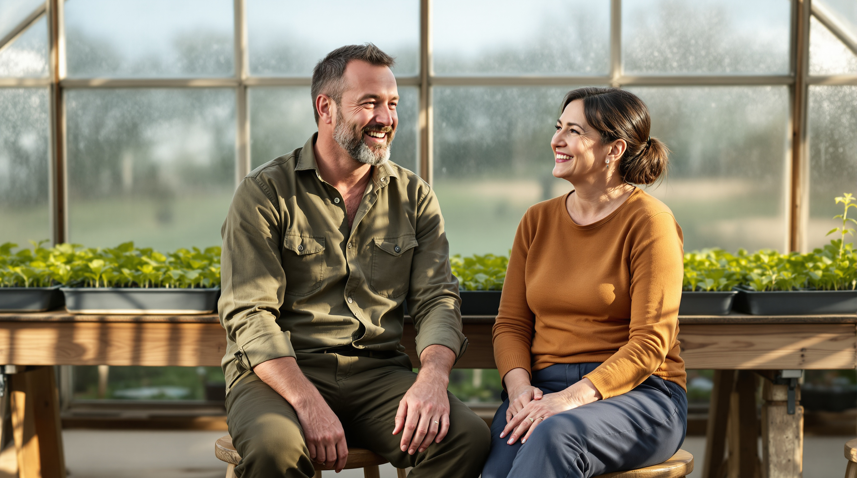 Two friends sit together on a stool in a greenhouse