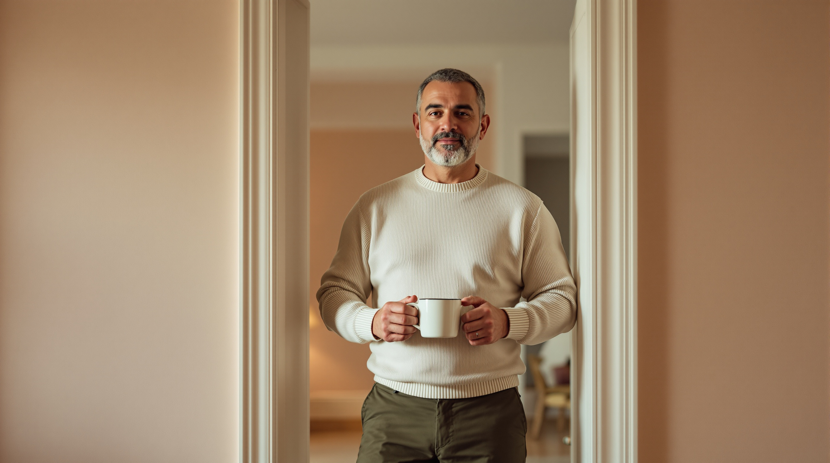 A man stands in an open doorway with a plain mug
