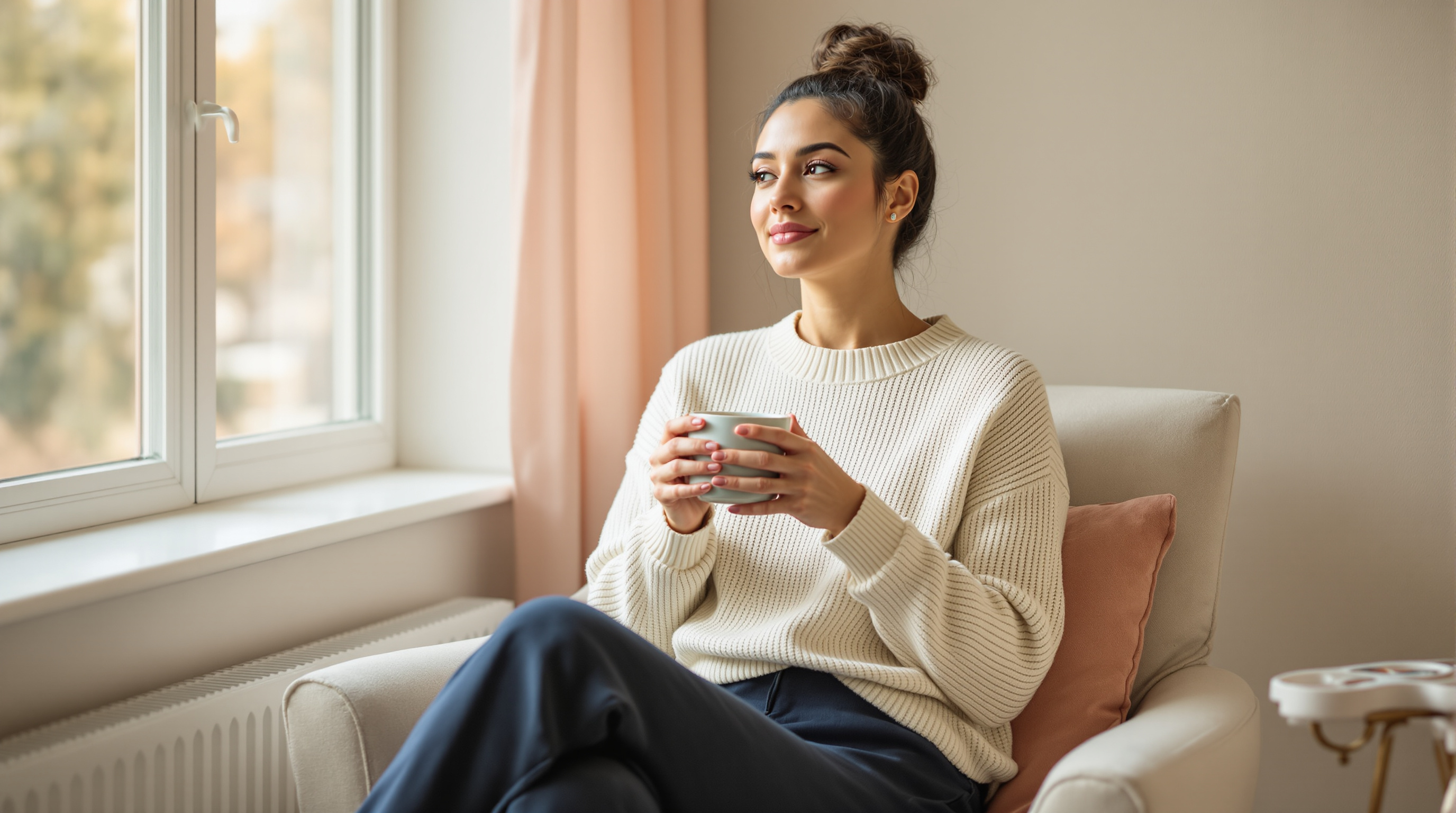 A woman in a cream sweater and navy trousers sits with a mug beside a sunlit window