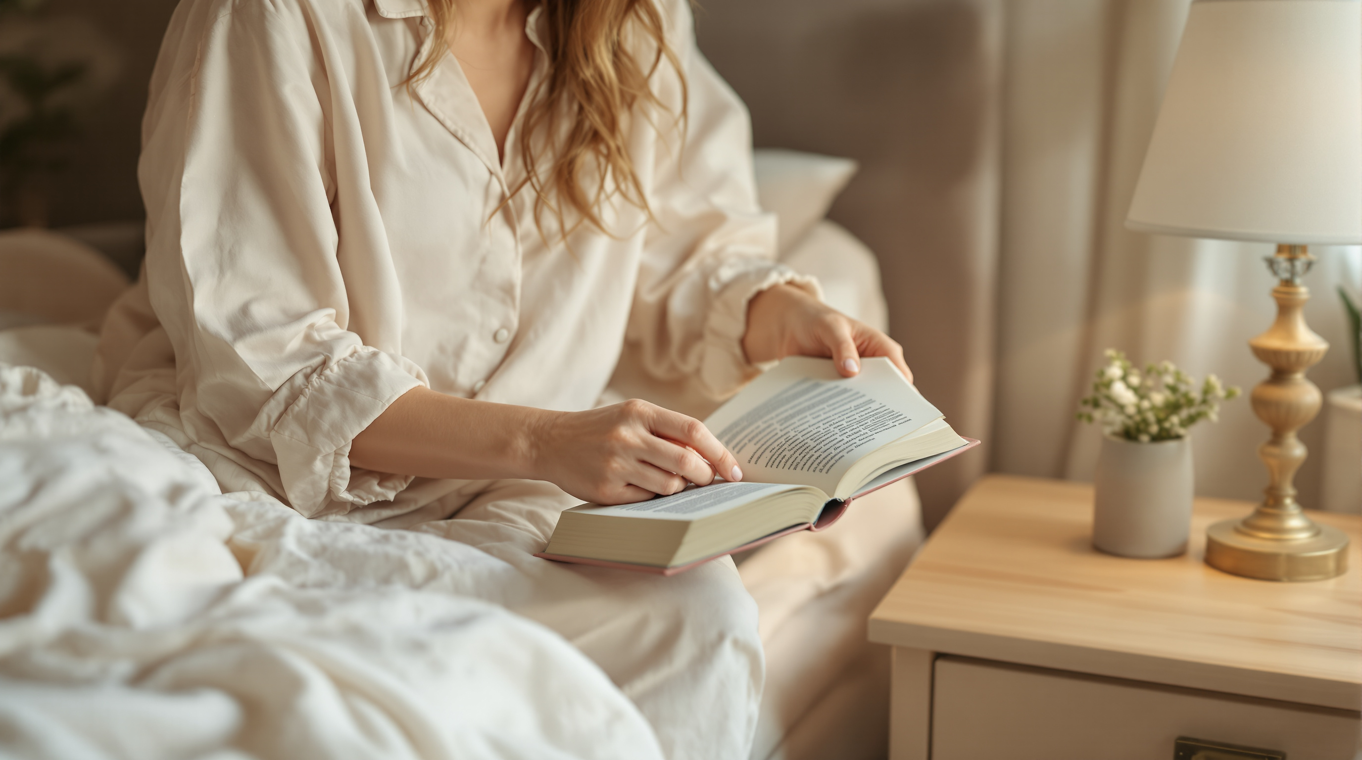 A woman in soft sleepwear reads a book in bed beside a softly lit bedside lamp