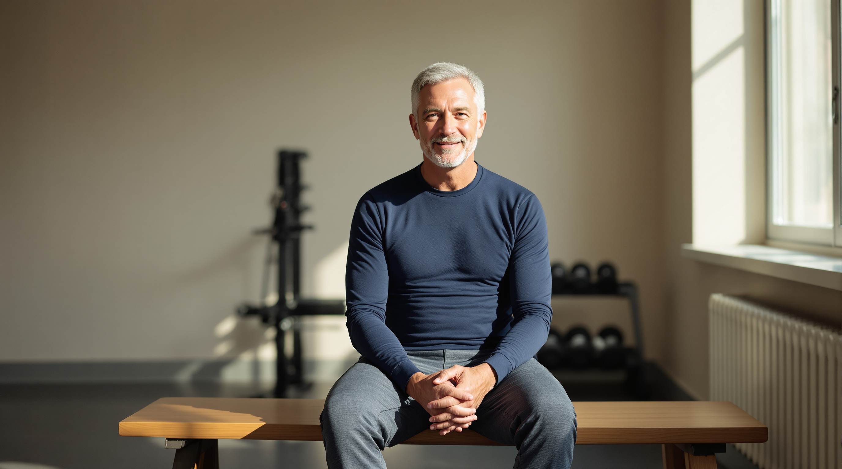 A seated man in navy athletic wear rests on a bench in a quiet sunlit gym