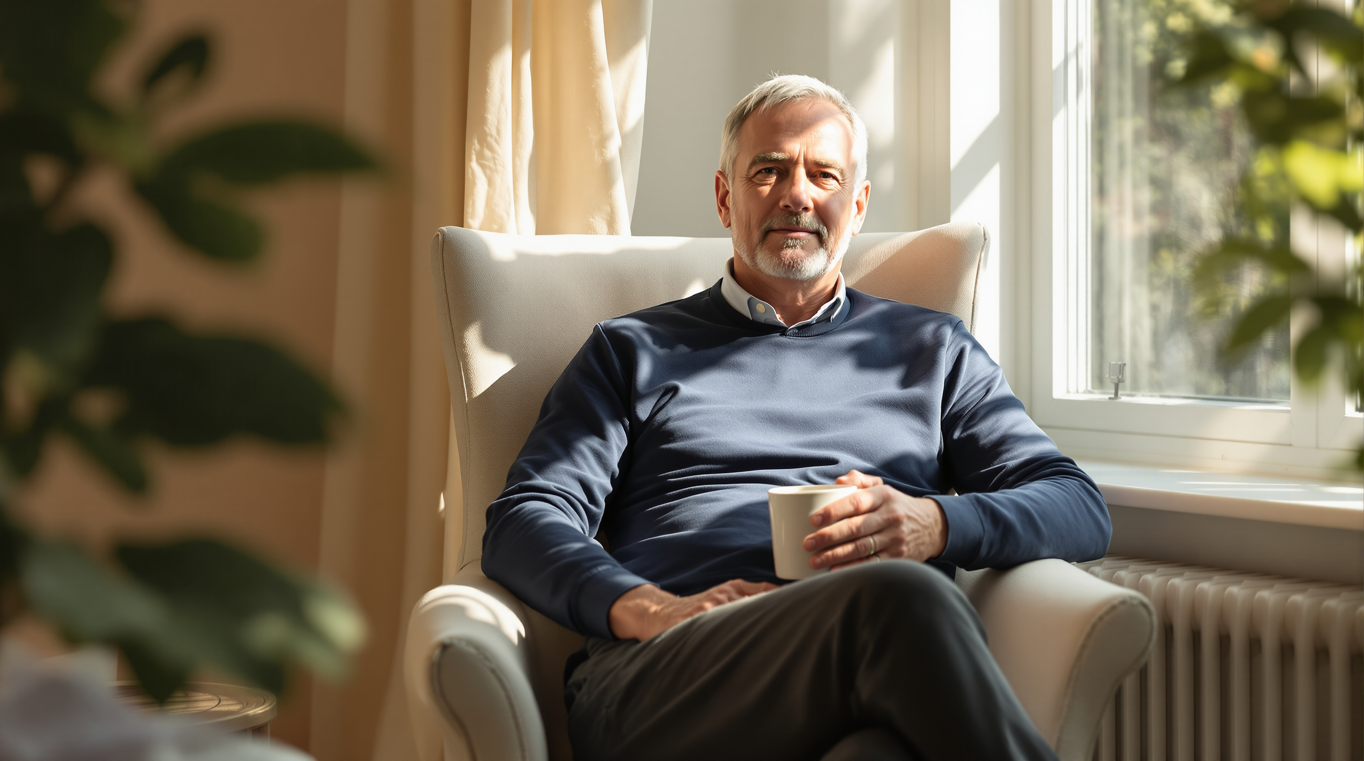 A middle-aged man sits with a mug in an armchair by a sunlit morning window