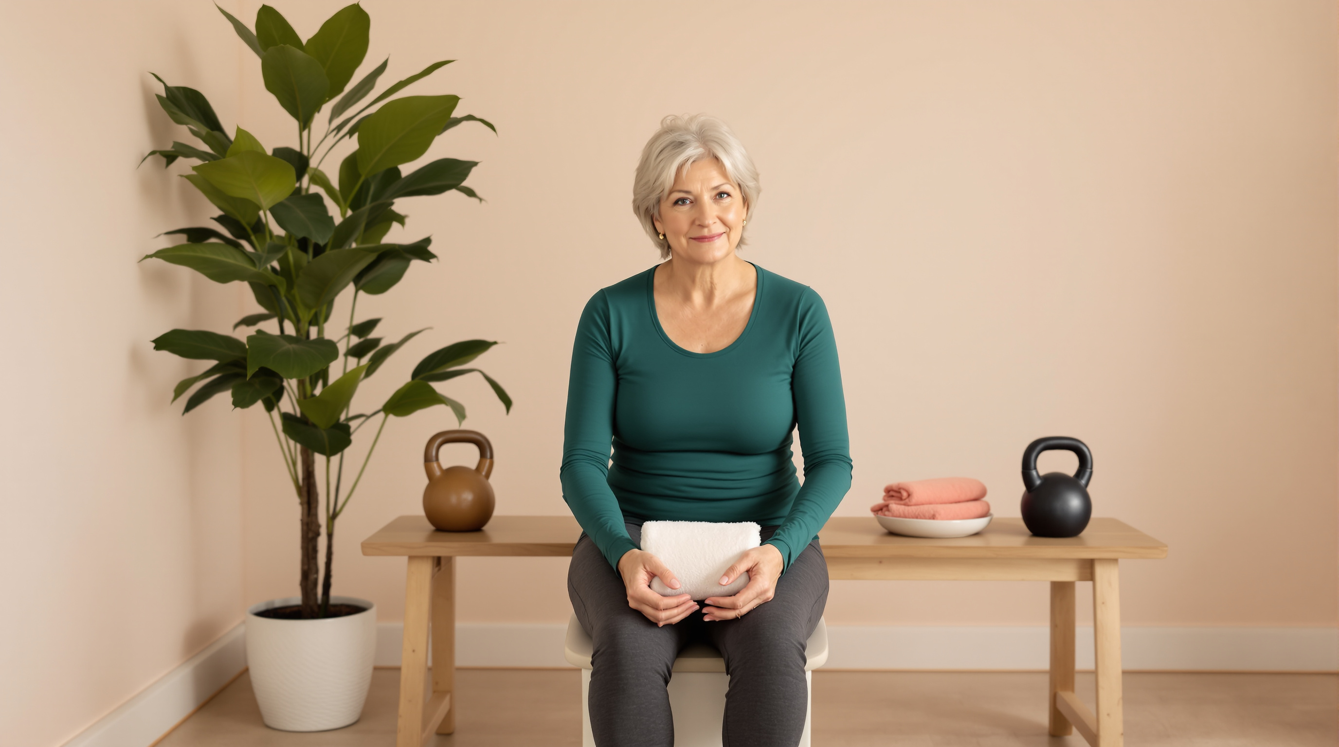A woman rests on a strength-training bench with a rolled towel in her lap