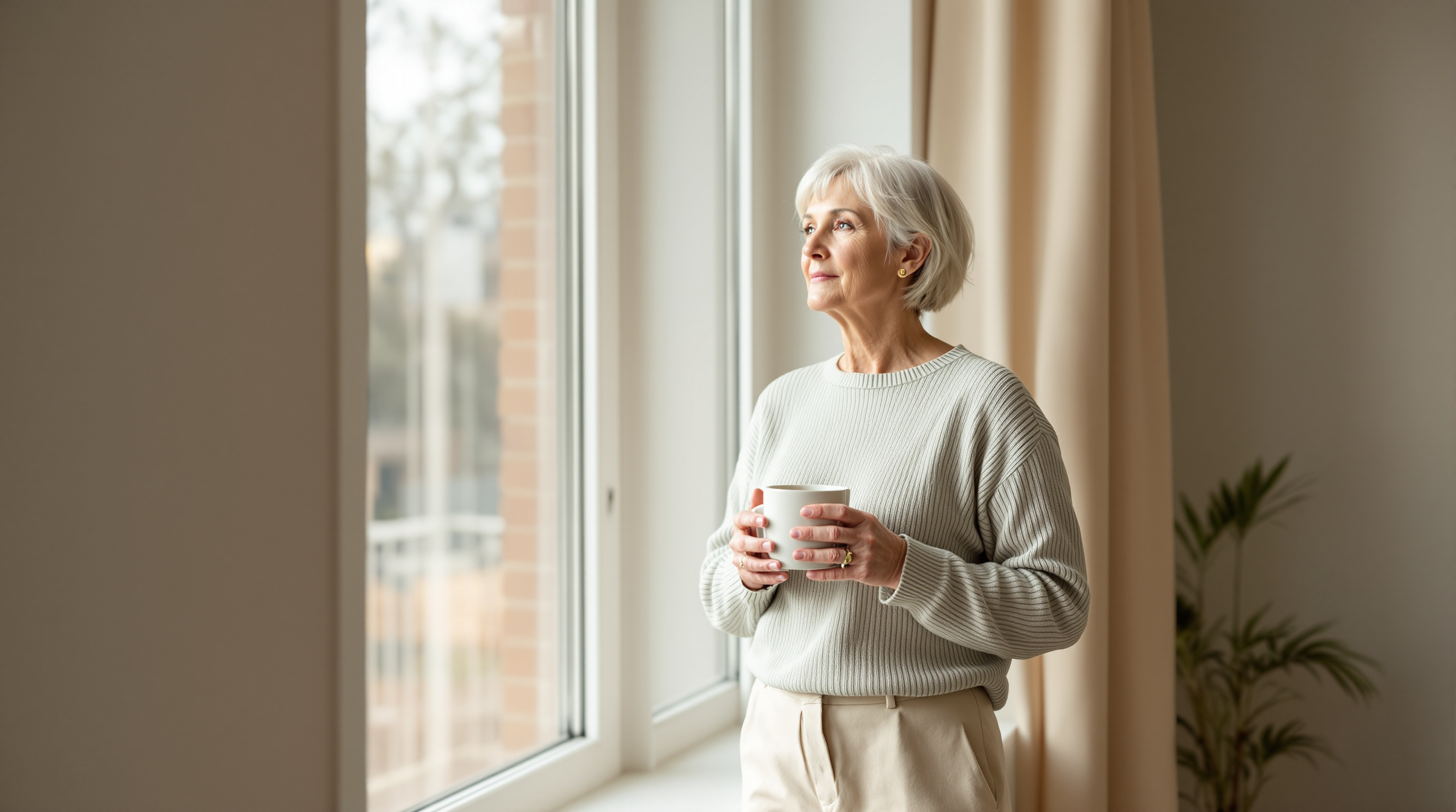 A woman in a sage knit top and cream trousers holds a ceramic mug beside a window in soft morning light