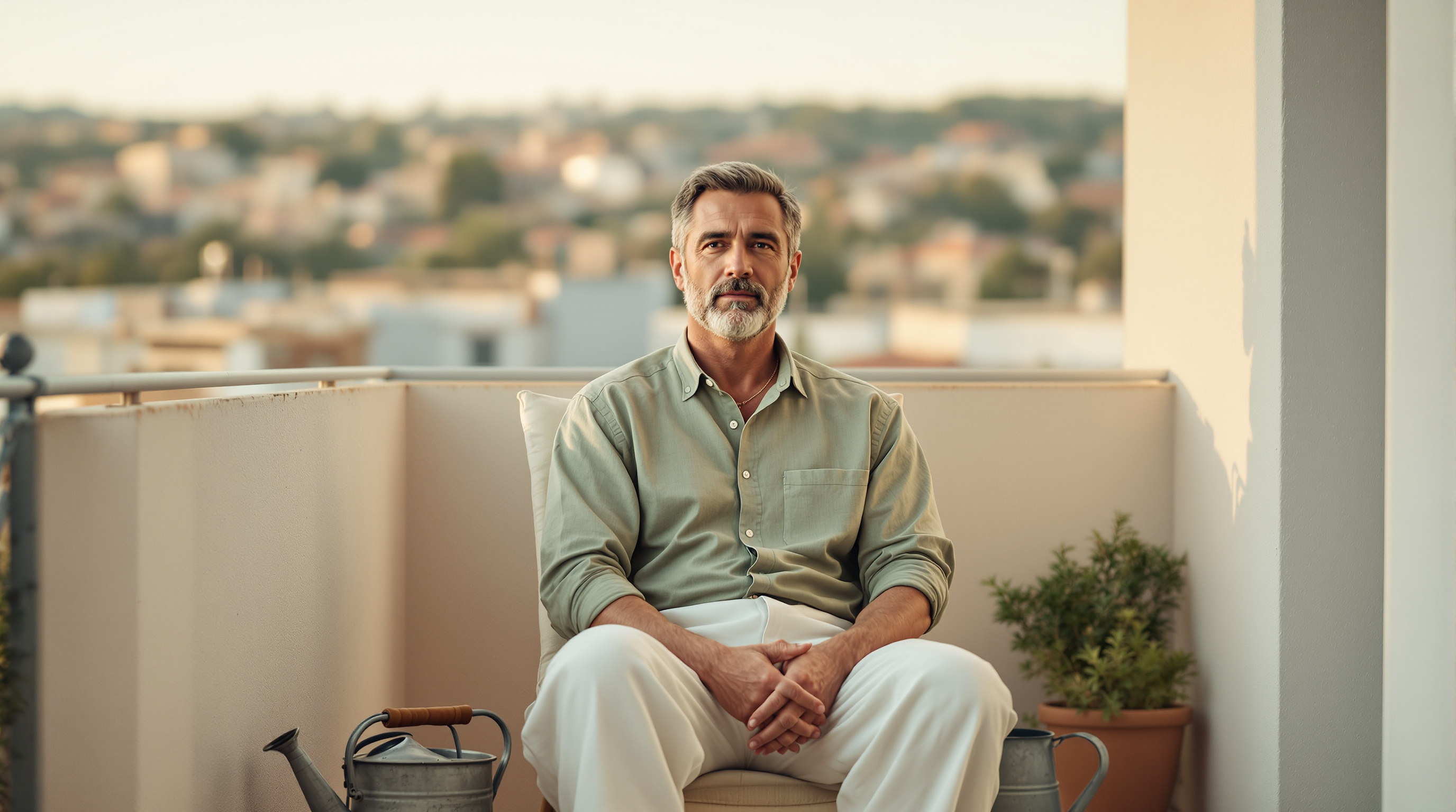 A man sits on a small balcony beside a watering can