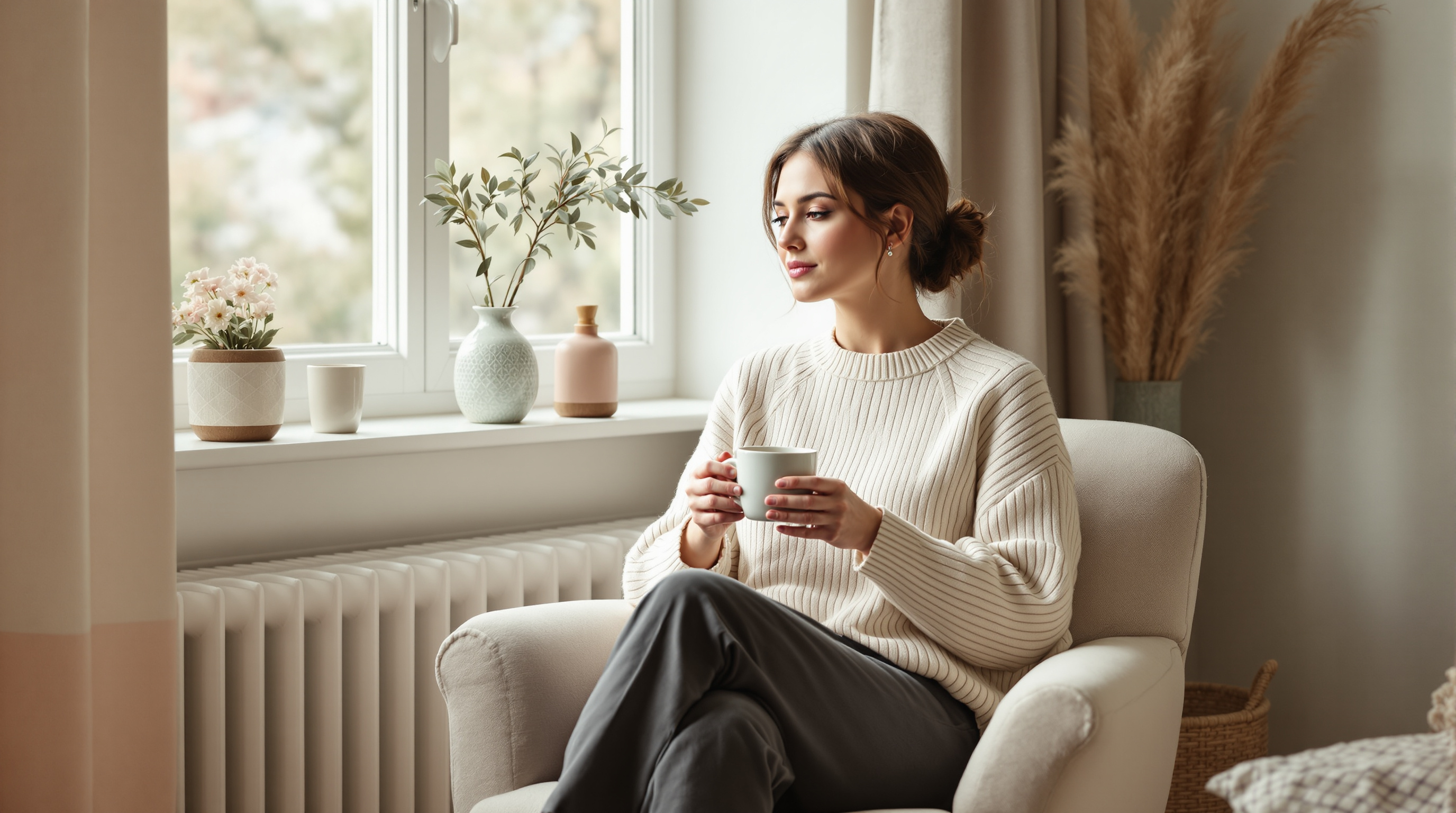A woman in a cream knit jumper and full-length charcoal trousers sits beside a morning window holding a plain mug