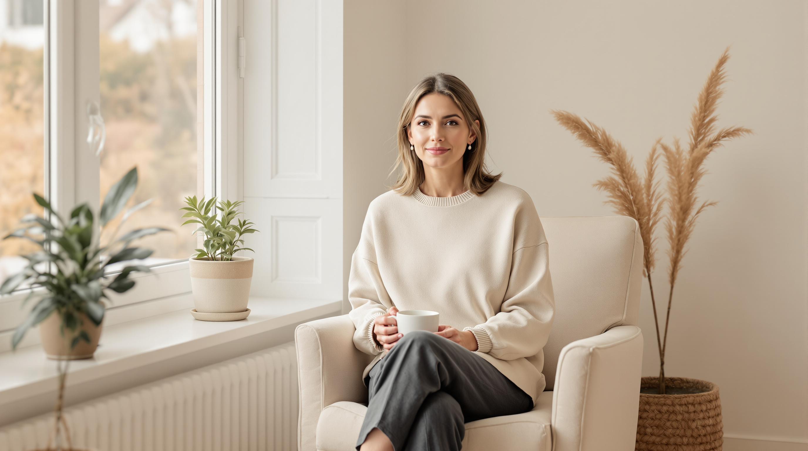 A woman sits in a linen armchair beside a bright window, a plain mug held in both hands