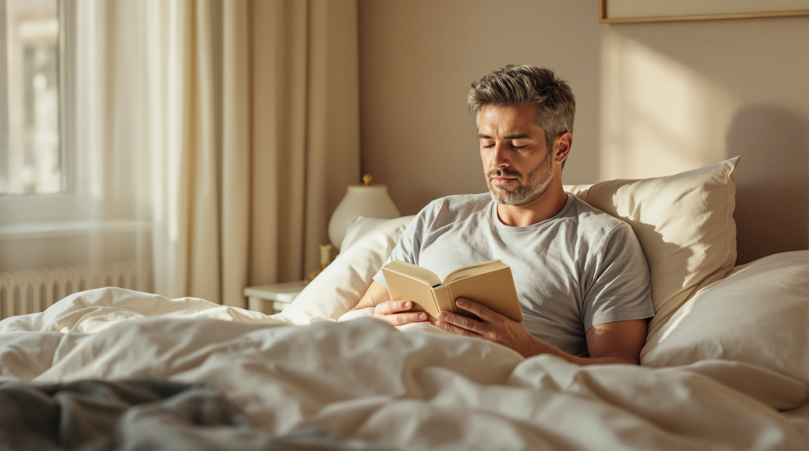 A man in a grey t-shirt reads a book in bed under cream linen bedding in low warm lamplight