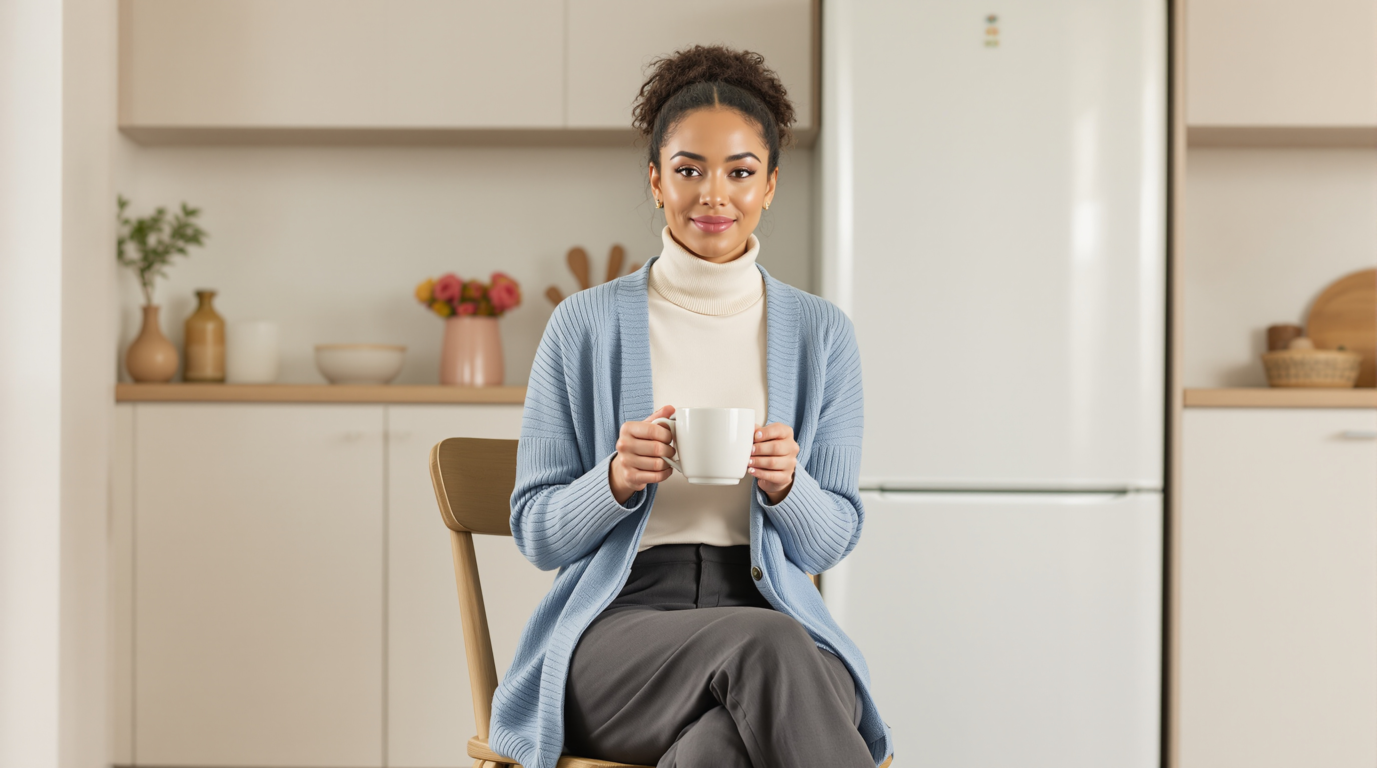 A woman in a blue cardigan sits with a mug in a calm matte-white kitchen
