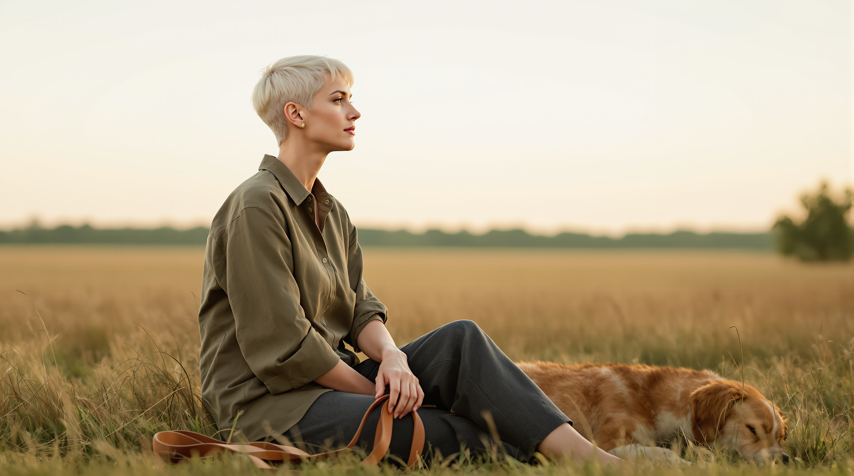 A woman sits on the grass beside a dog in a meadow holding a dog lead