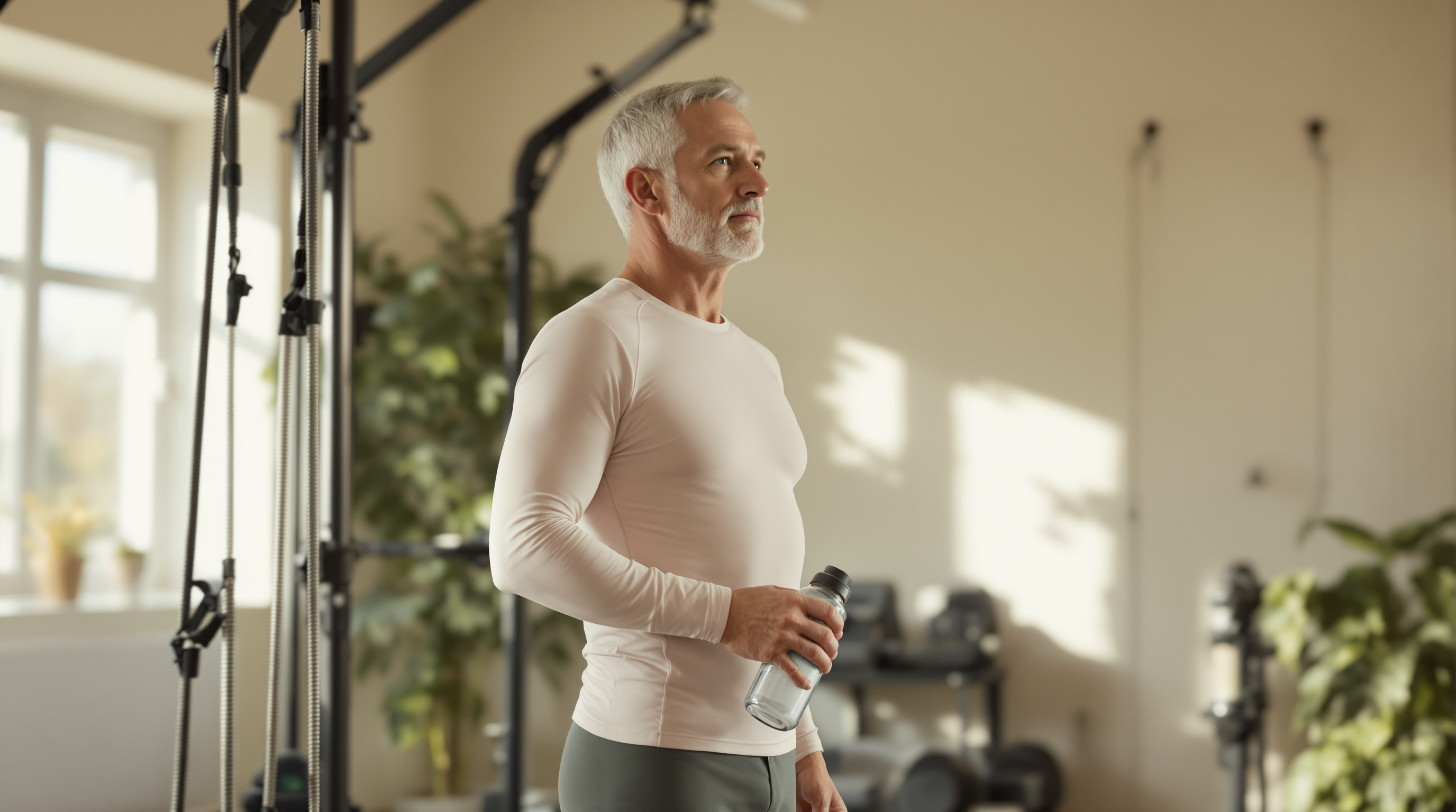 A man in a long-sleeve training top rests with a water bottle in a quiet sunlit gym