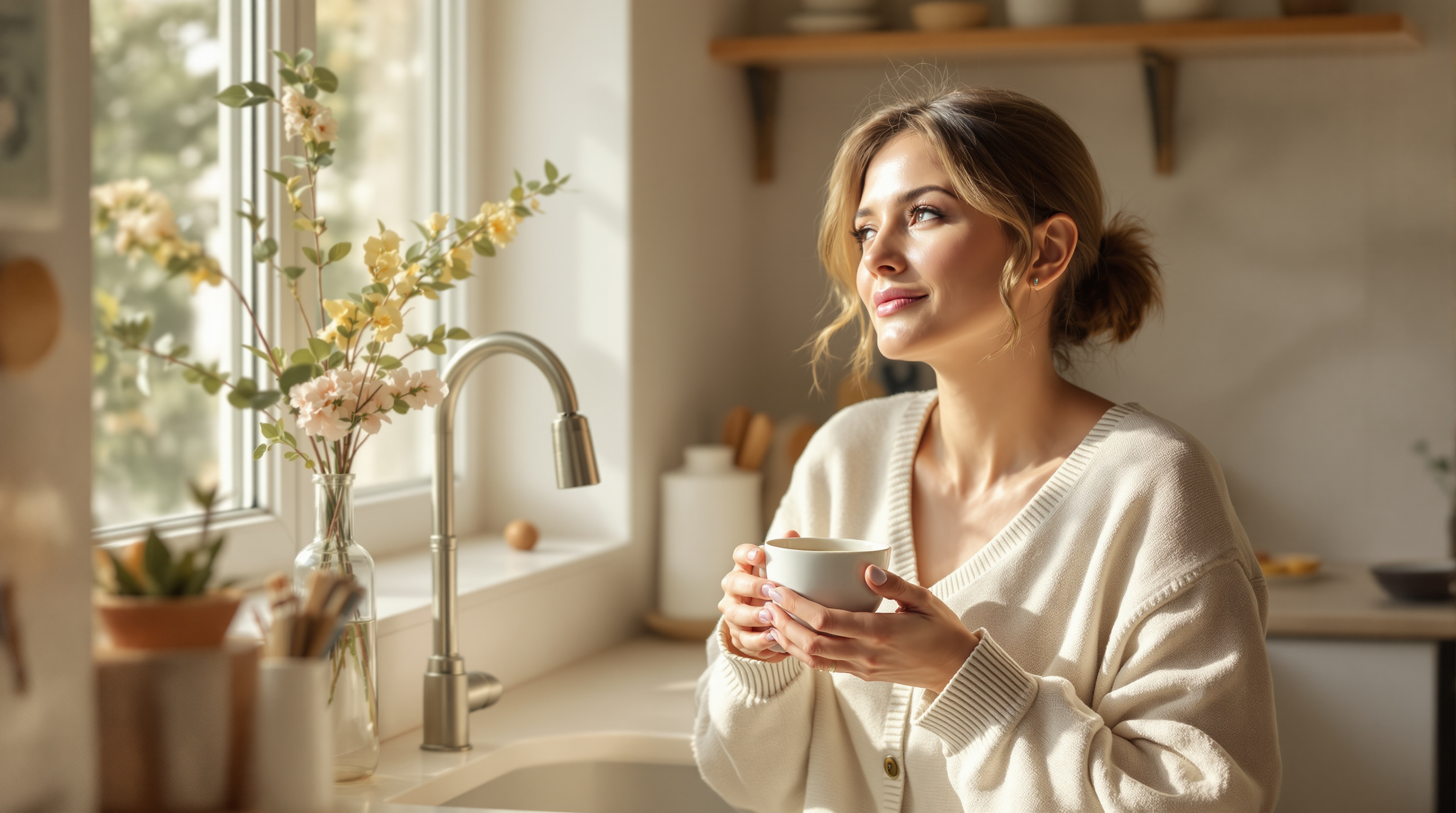 A woman holds a warm cup of tea in a sunlit kitchen, looking toward the window at the start of an unhurried morning