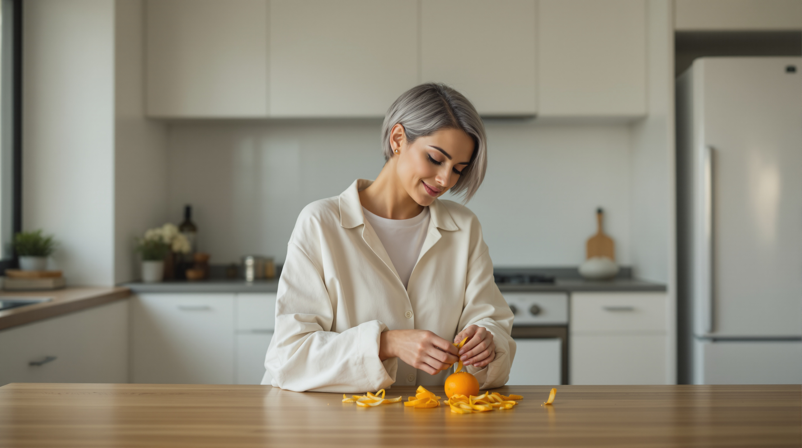 A woman sits at a plain kitchen table peeling an orange