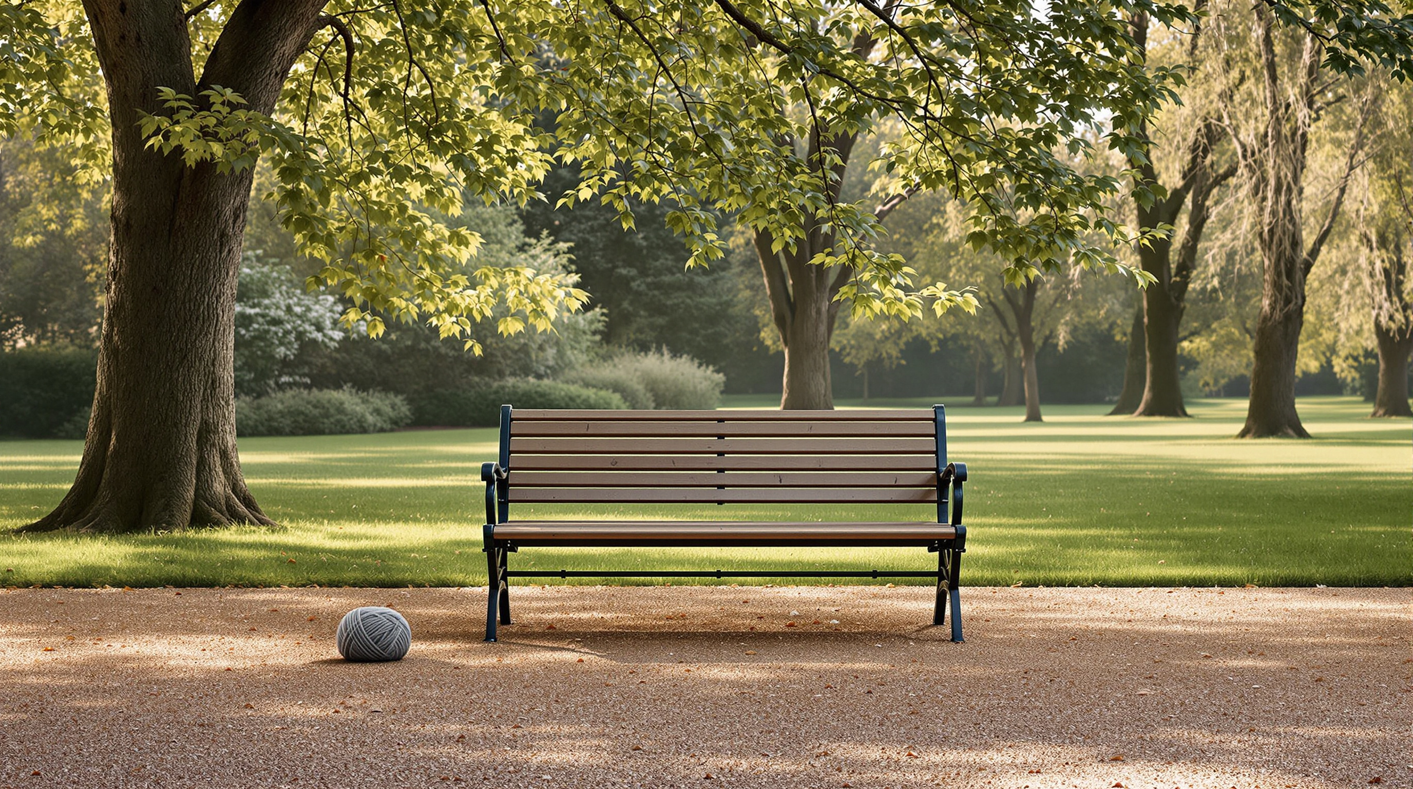 An empty park bench under trees with a ball of yarn
