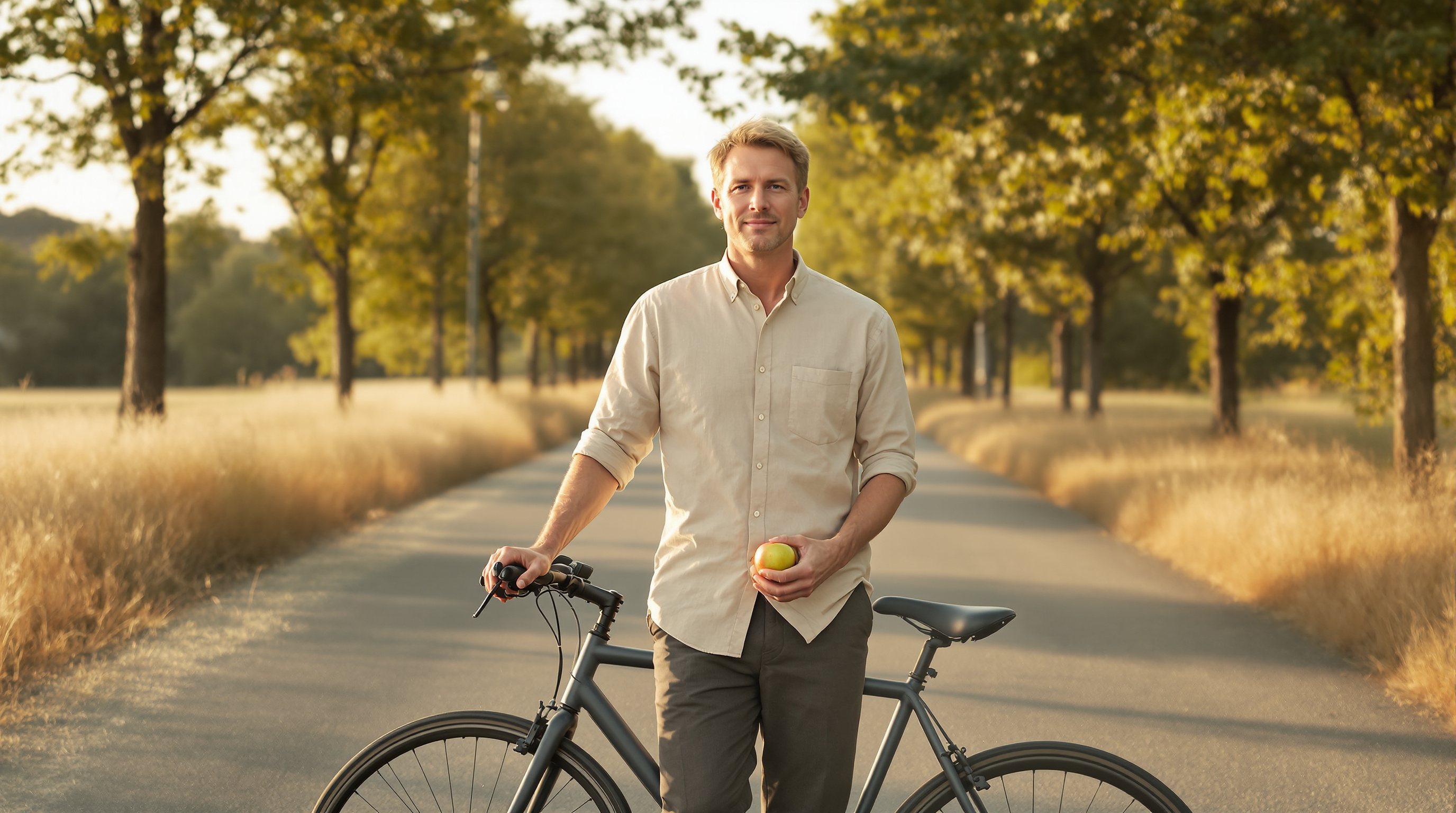 A man stands beside a bicycle in a quiet lane holding an apple