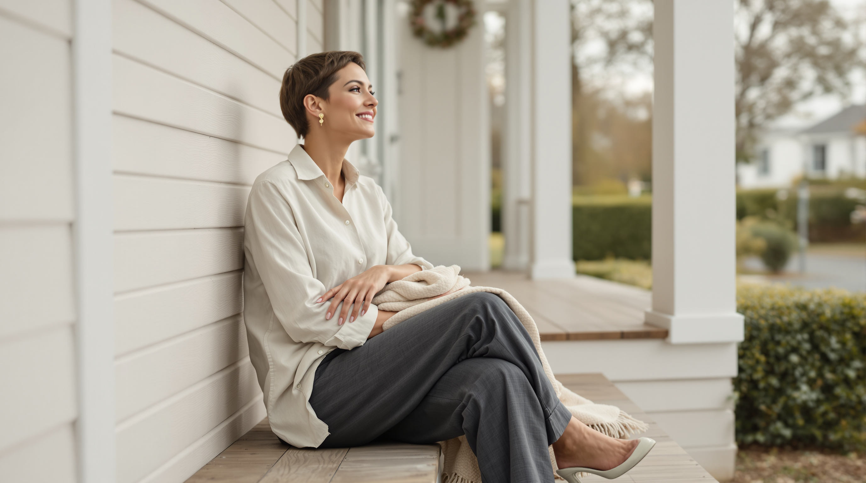 A woman sits on the front steps of a house with a folded scarf