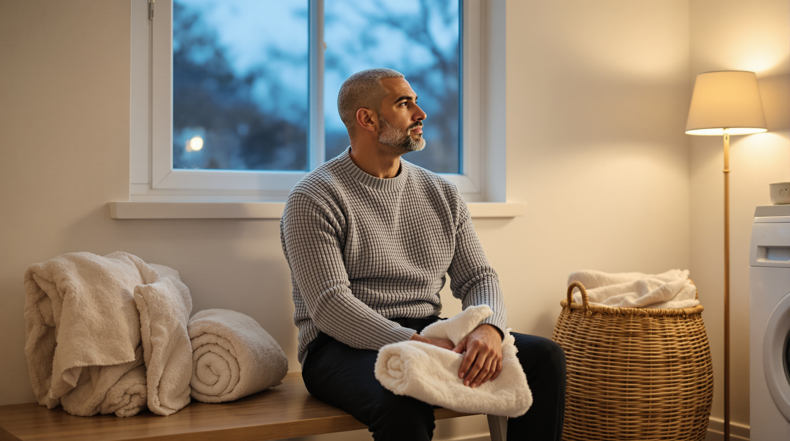 A man sits on a bench in a utility room with a folded towel