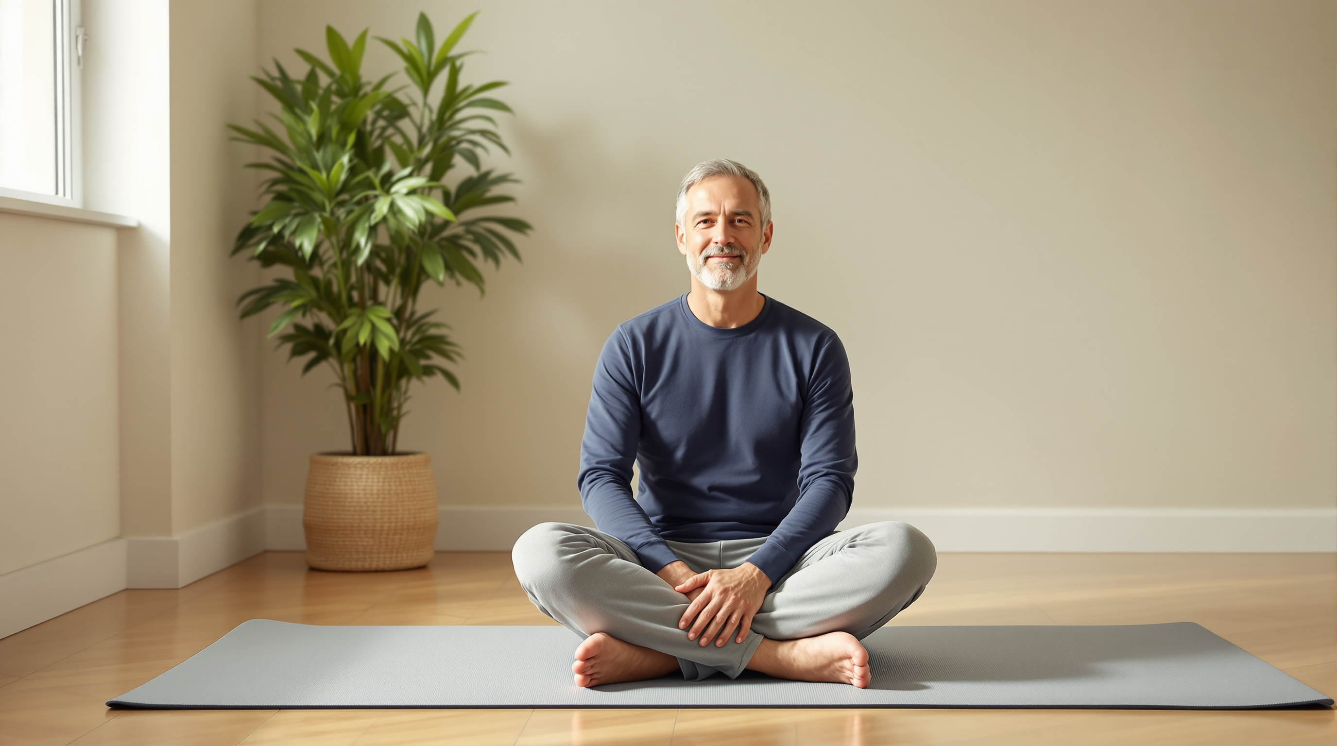 A man sits cross-legged on a bare exercise mat in an empty room, facing the camera, a single potted plant behind him