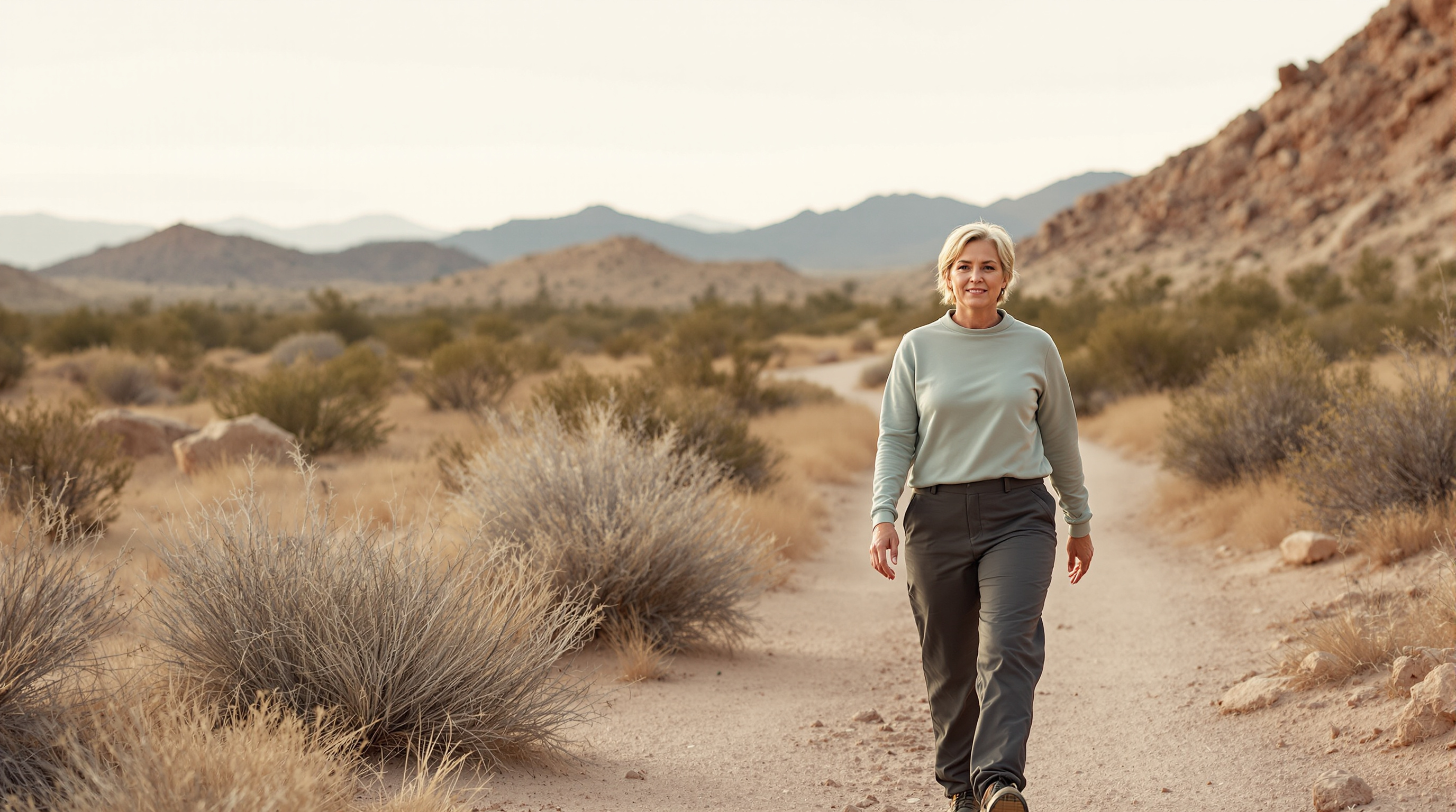 A woman walks toward the camera on a quiet desert trail in soft morning light