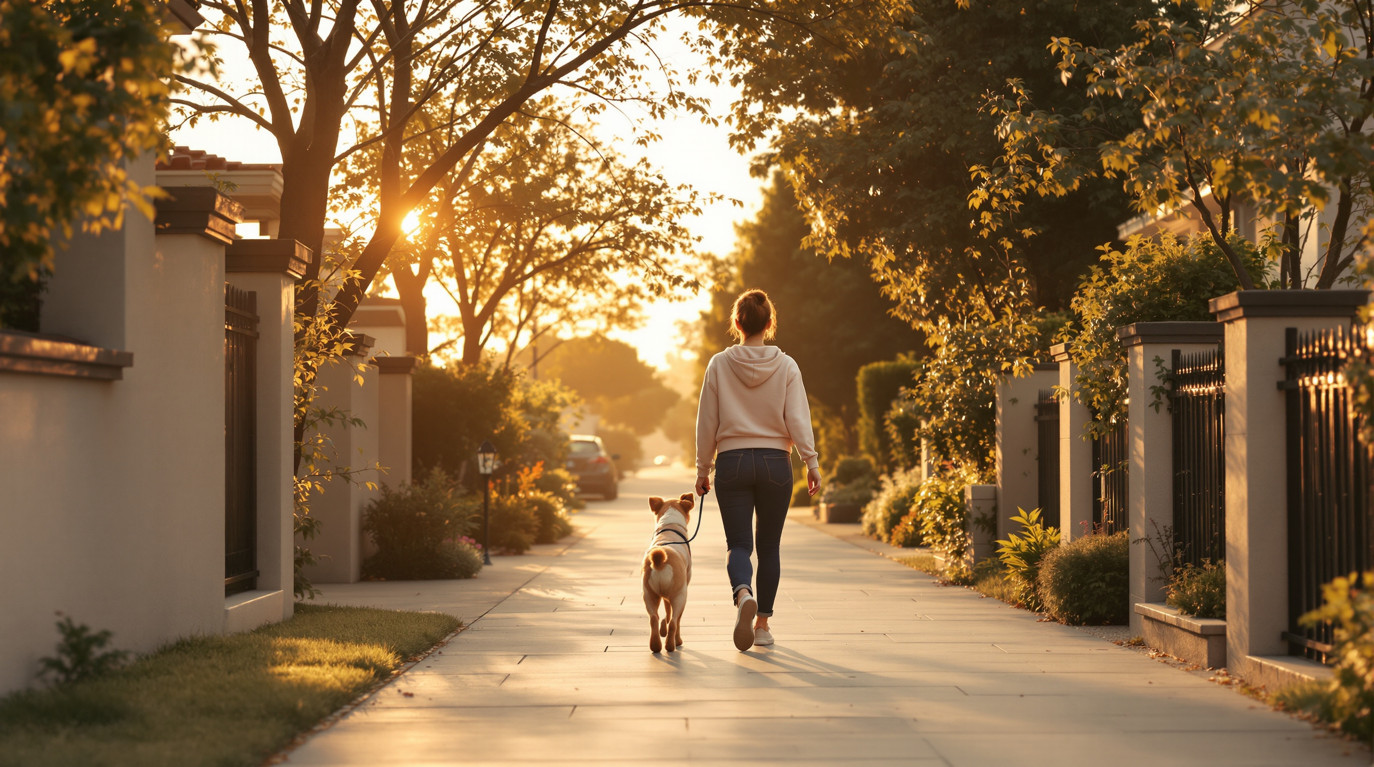 A person walking a small dog along a quiet tree-lined sidewalk at sunrise