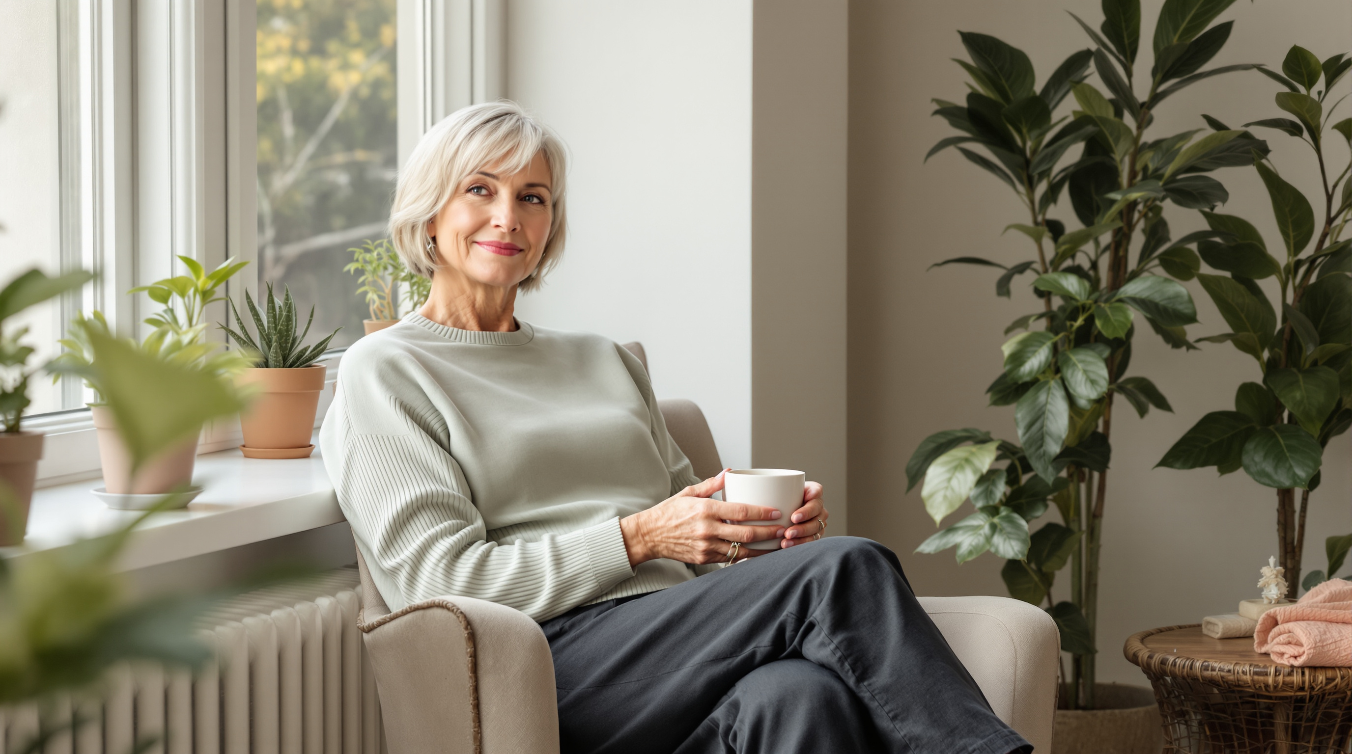 A woman sits in an armchair by a bright windowsill holding a plain ceramic mug