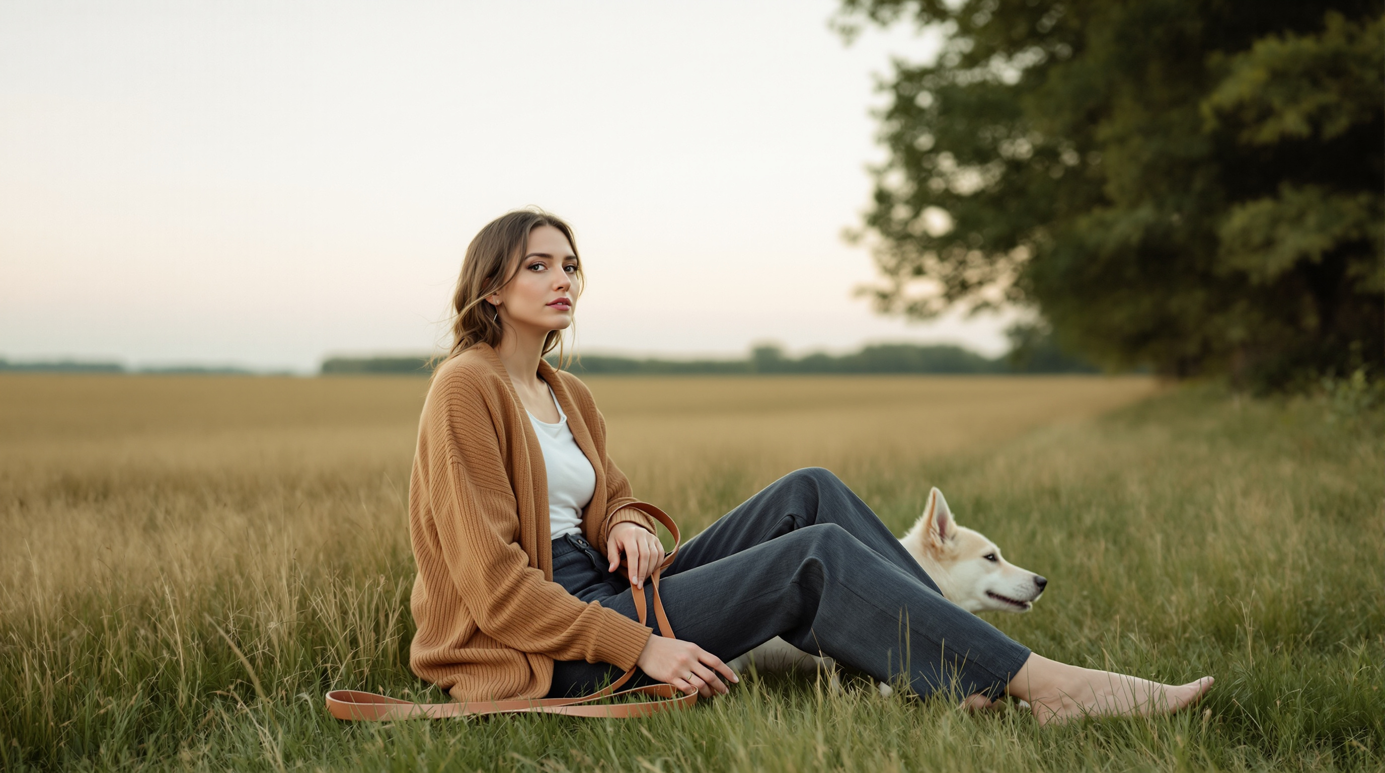 A woman sits on the grass beside a dog in a meadow holding a dog lead