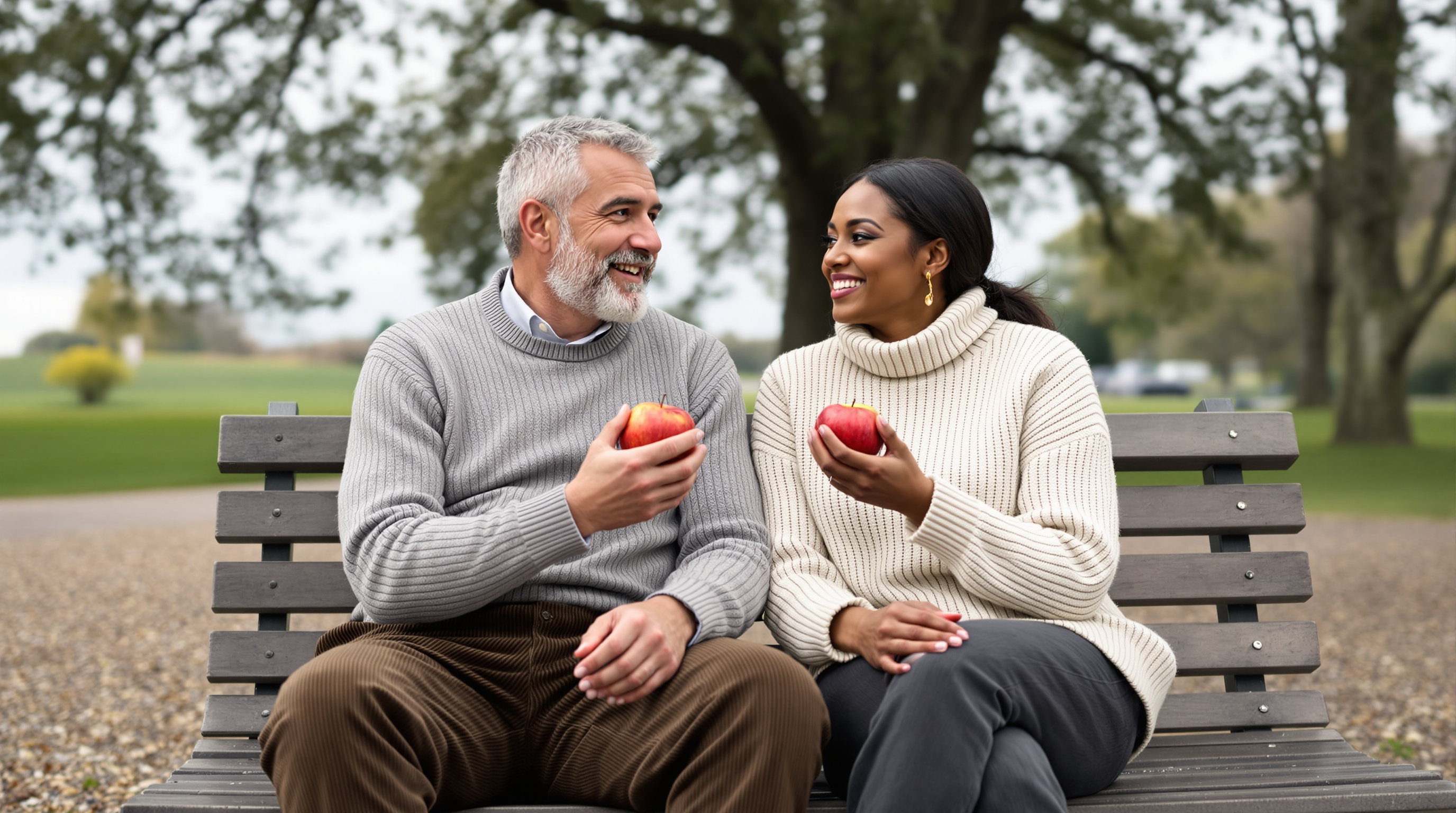 Two friends sit together on a park bench under trees holding an apple