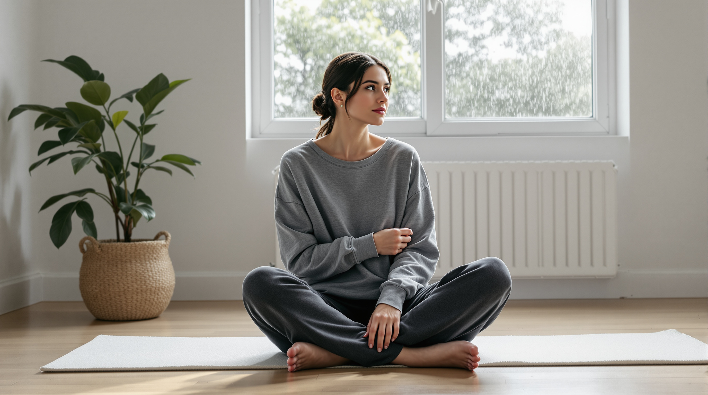 A woman sits on a mat in a bright studio with a glass of water