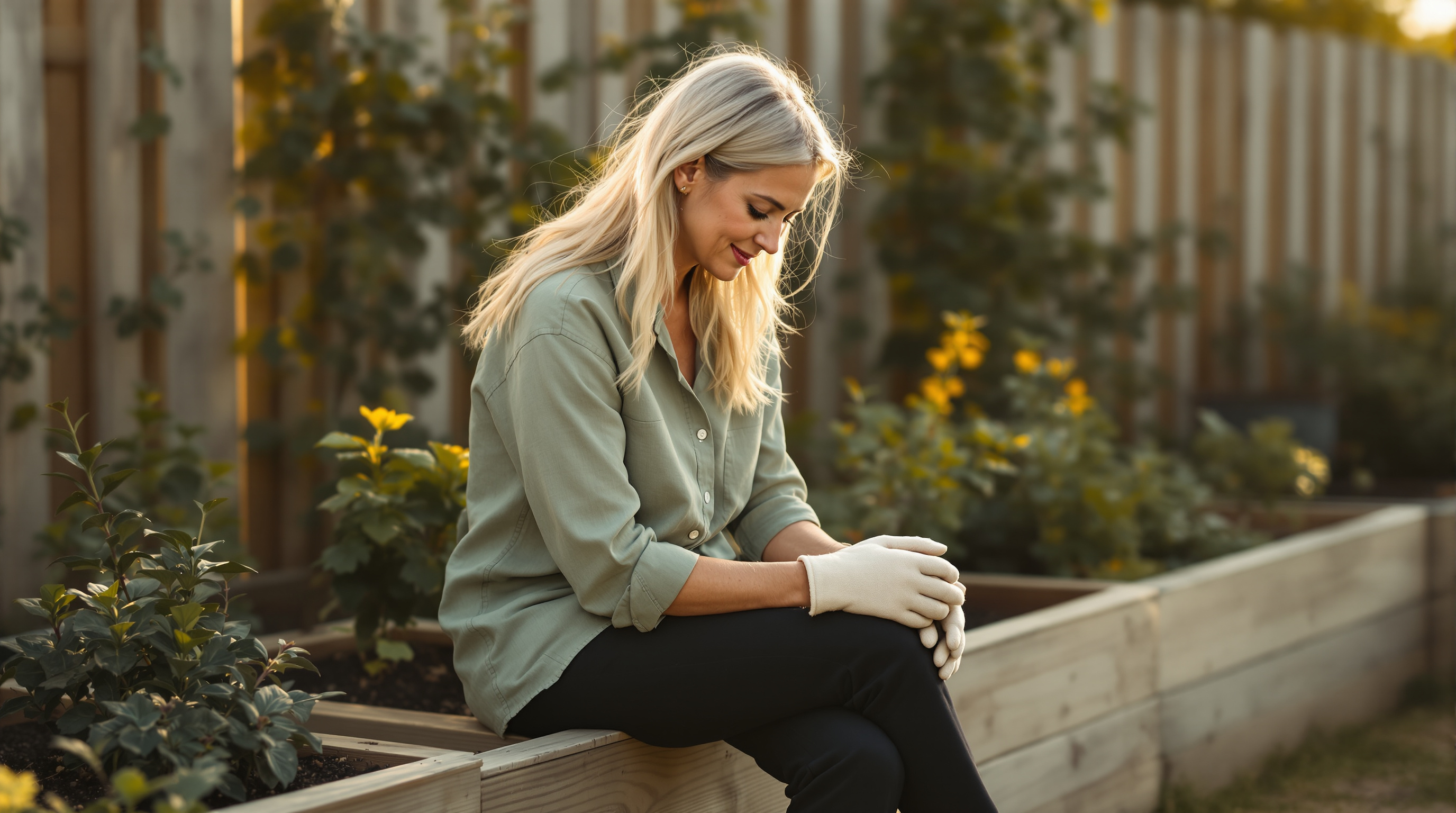 A woman sits on the edge of a raised garden bed holding gardening gloves