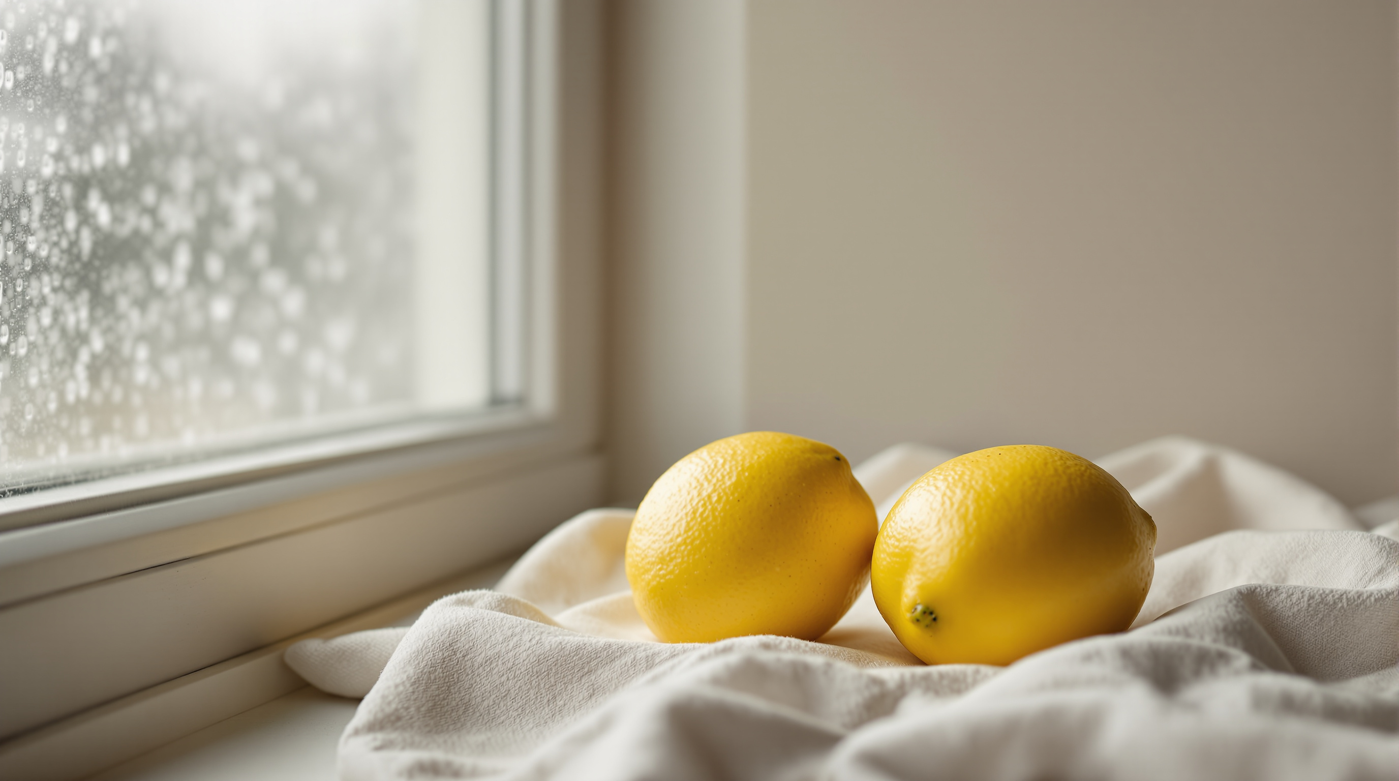 Three lemons on plain linen, a close view