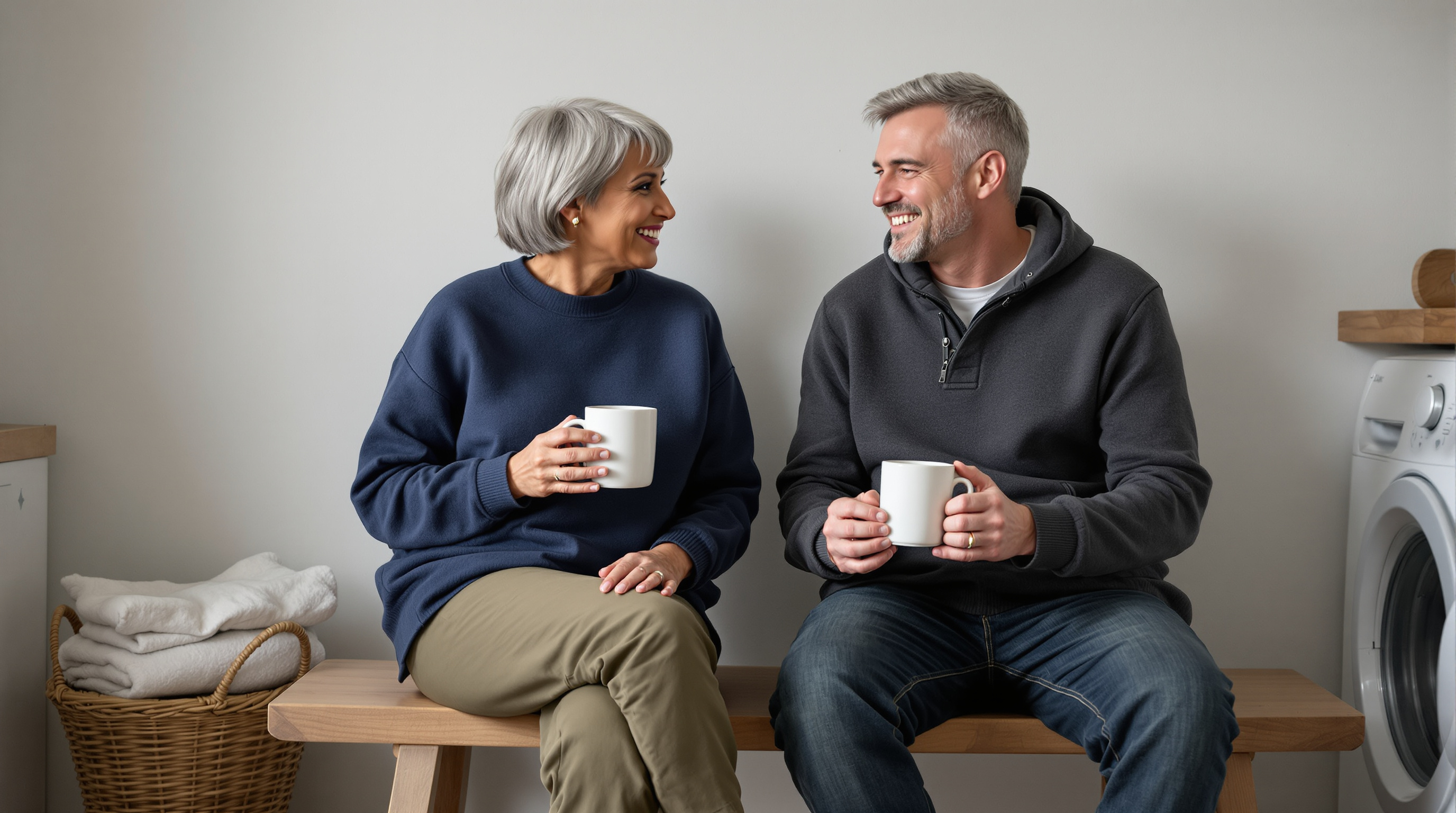 Two friends sit together on a bench in a utility room with a plain mug