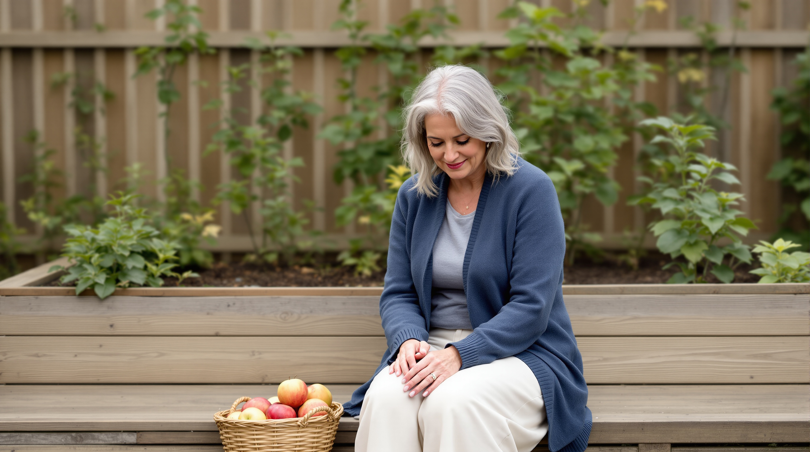 A woman sits on the edge of a raised garden bed beside a basket of apples