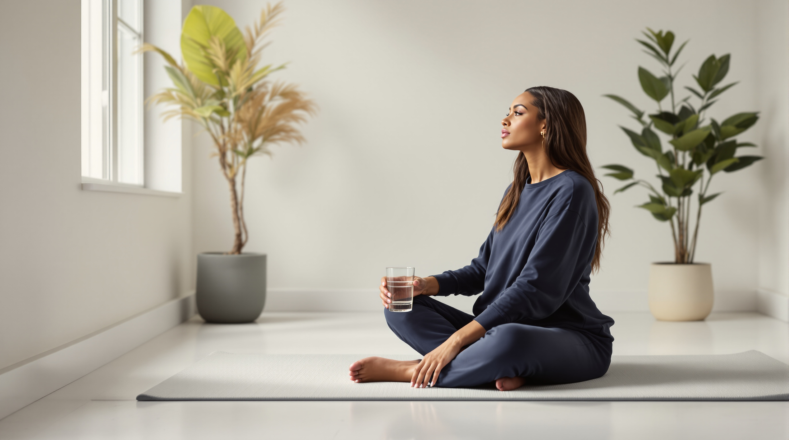 A woman sits on a mat in a bright studio with a glass of water