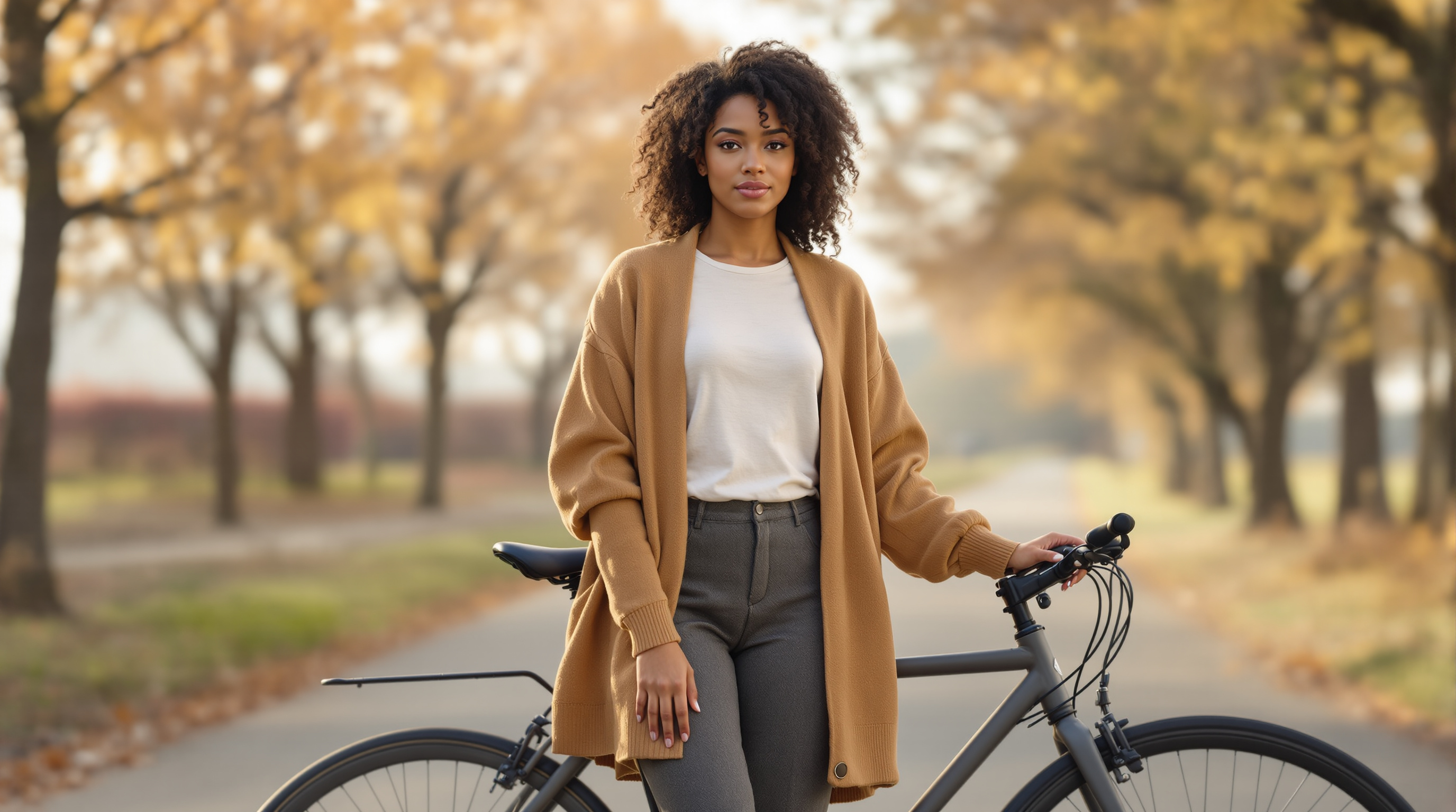 A woman stands beside a bicycle in a quiet lane with a glass of water