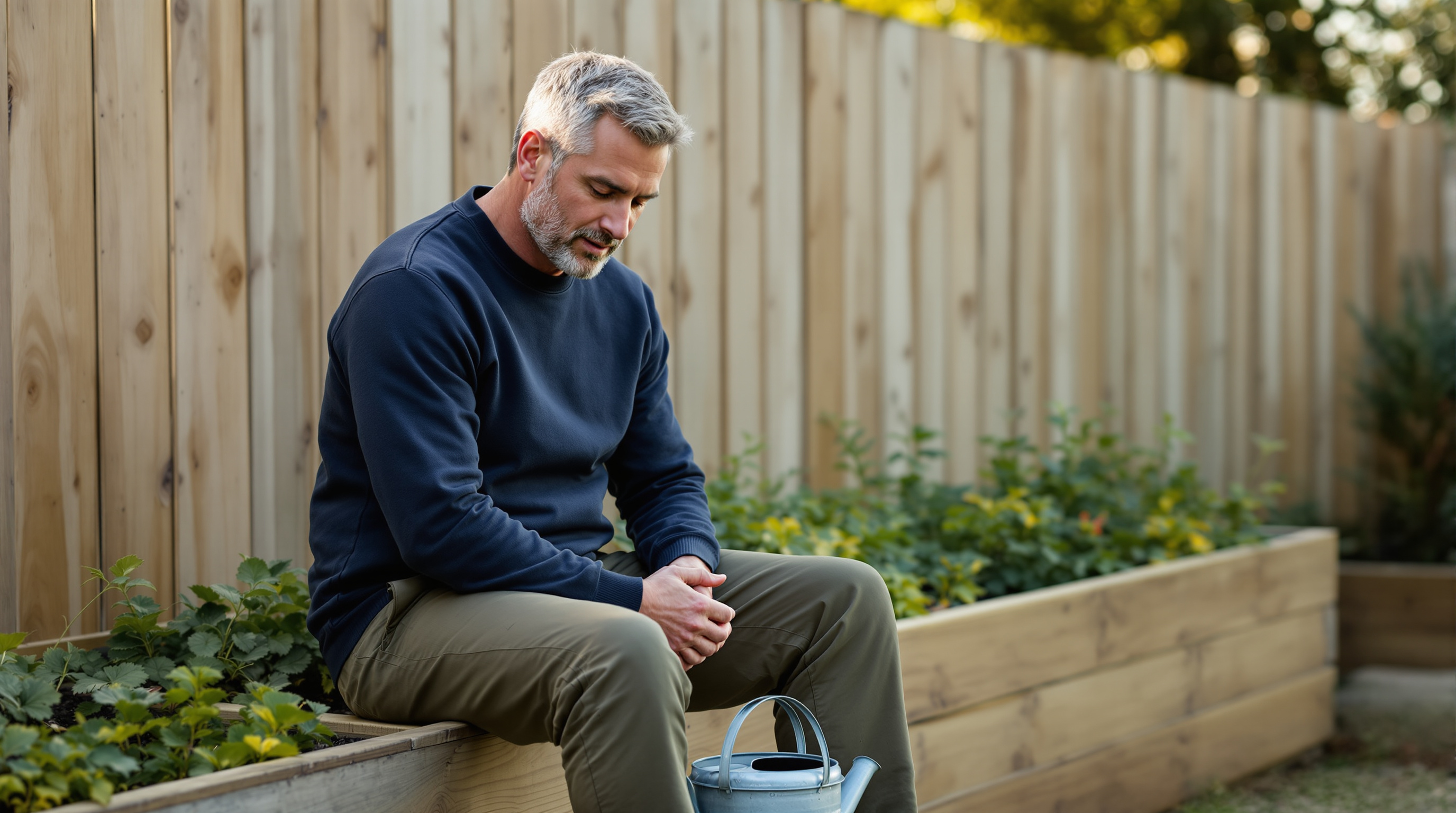 A man sits on the edge of a raised garden bed beside a watering can