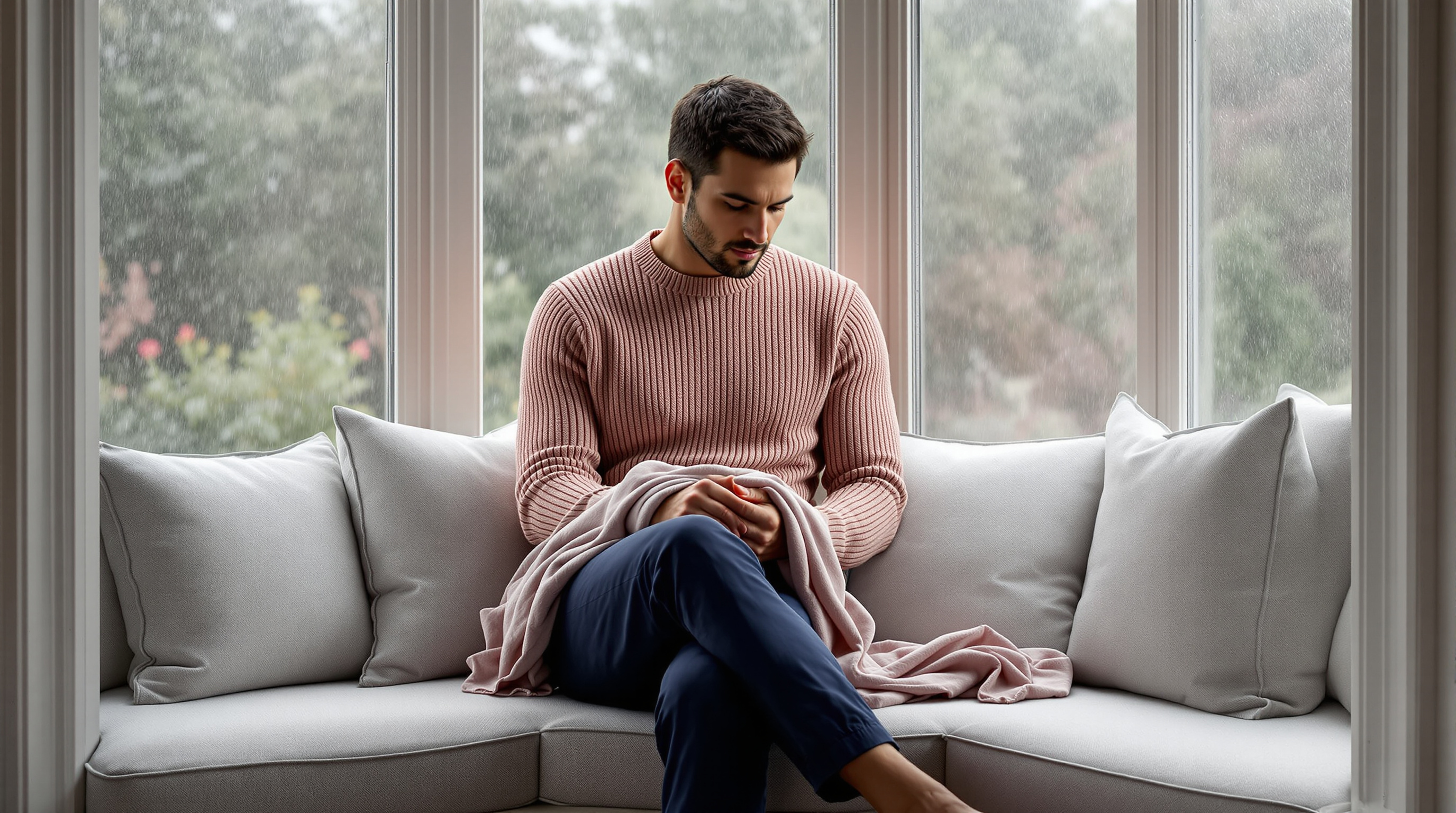 A man sits on a window seat with a folded scarf