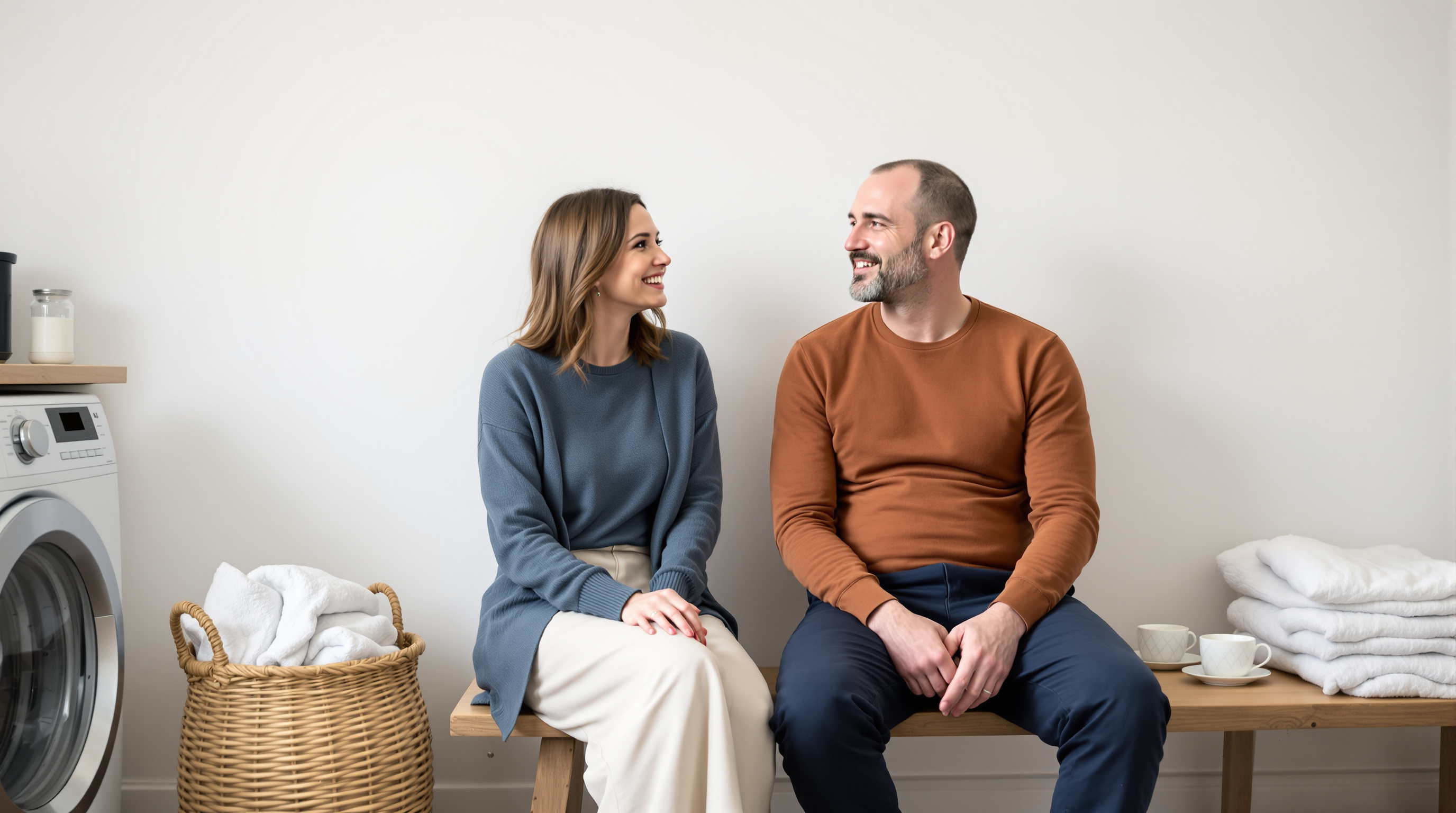 Two friends sit together on a bench in a utility room