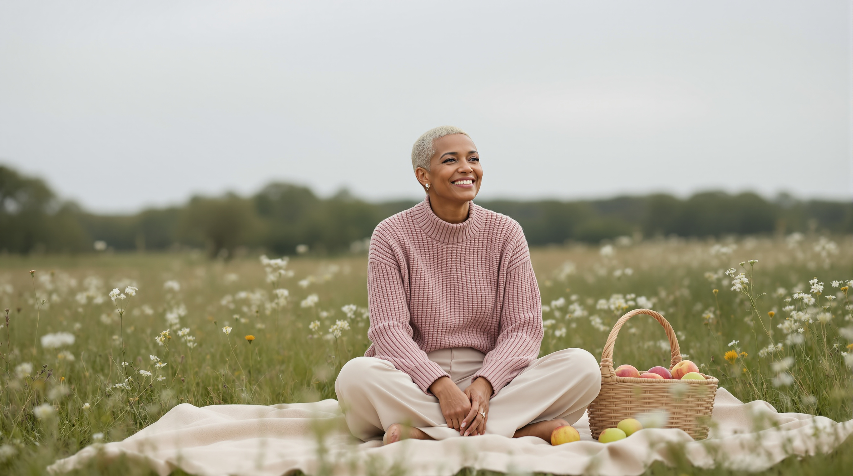 A woman sits on a blanket in a meadow beside a basket of apples