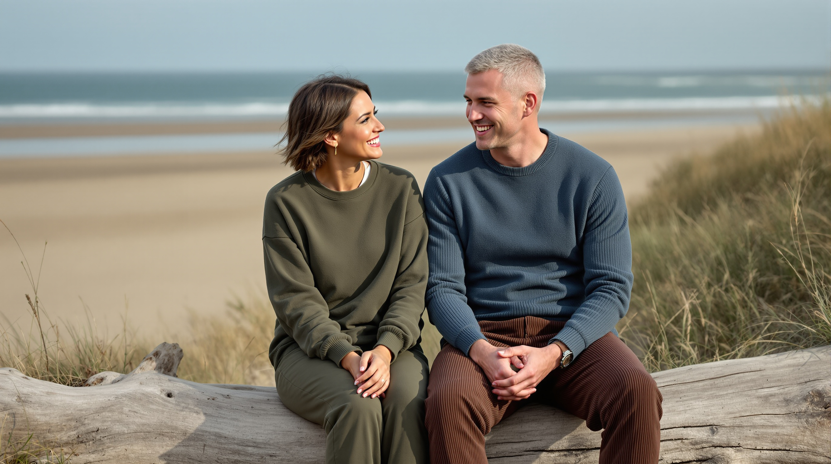 Two friends sit together on a driftwood log above a quiet beach