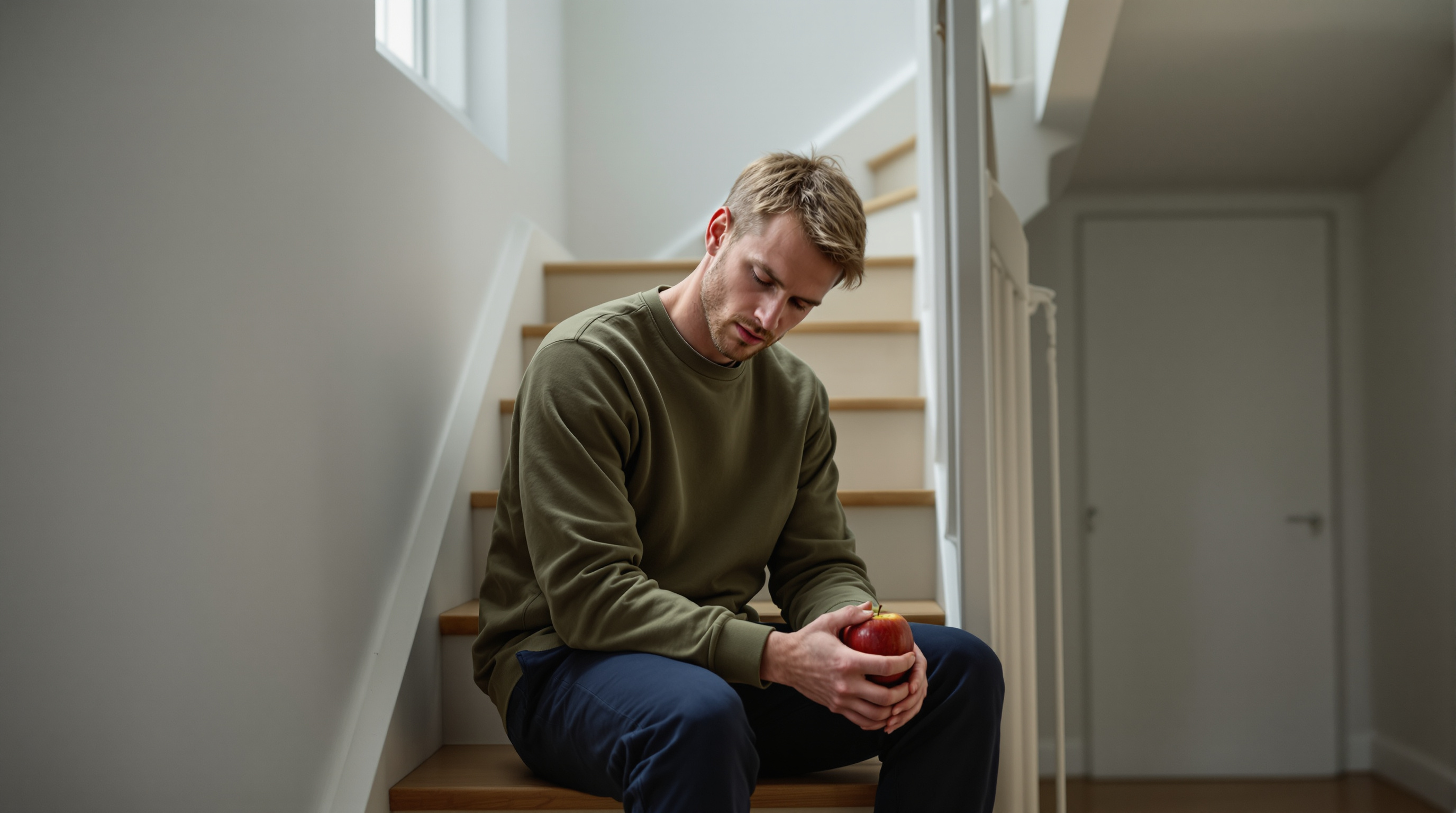 A man sits on the bottom step of a staircase holding an apple
