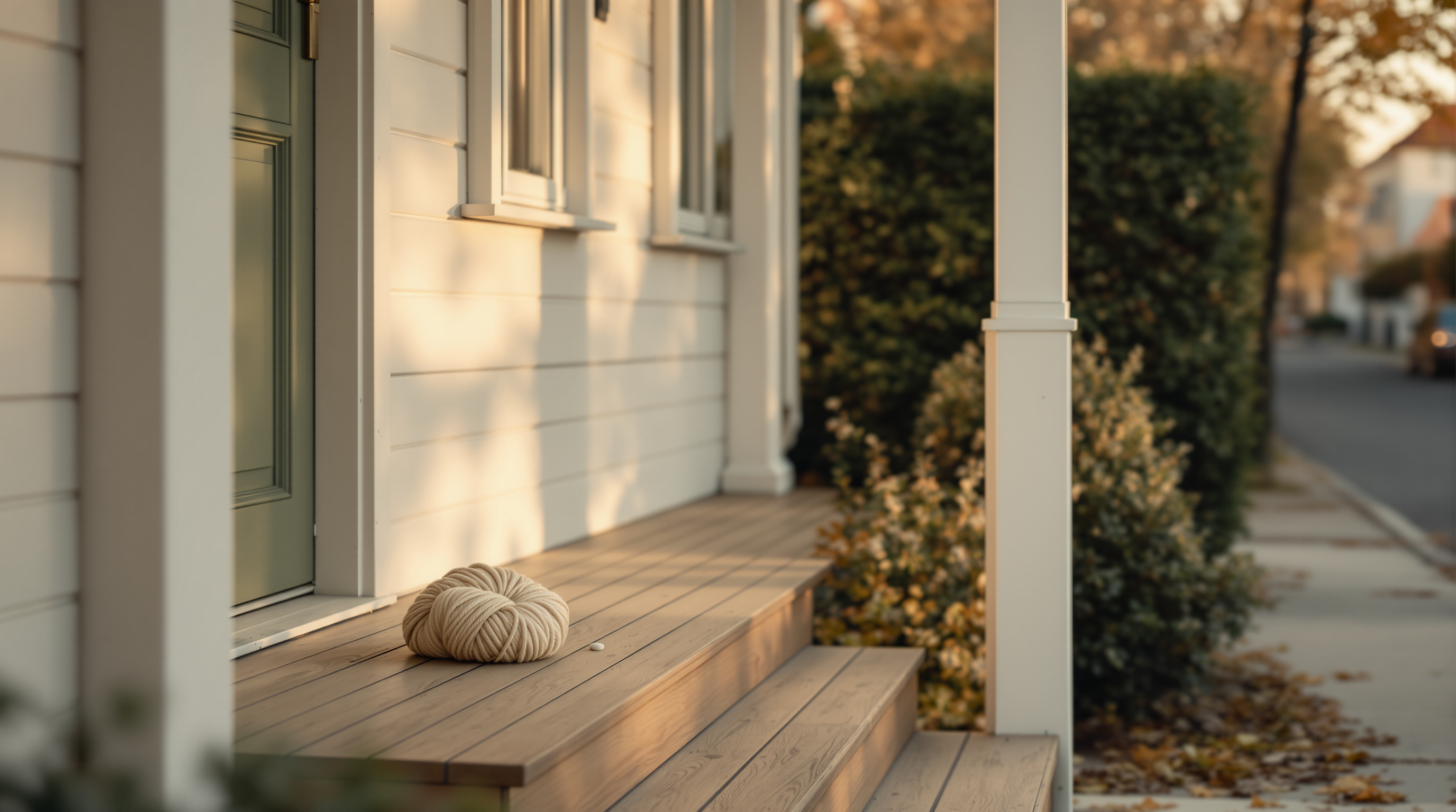 The front steps of a house with a ball of yarn