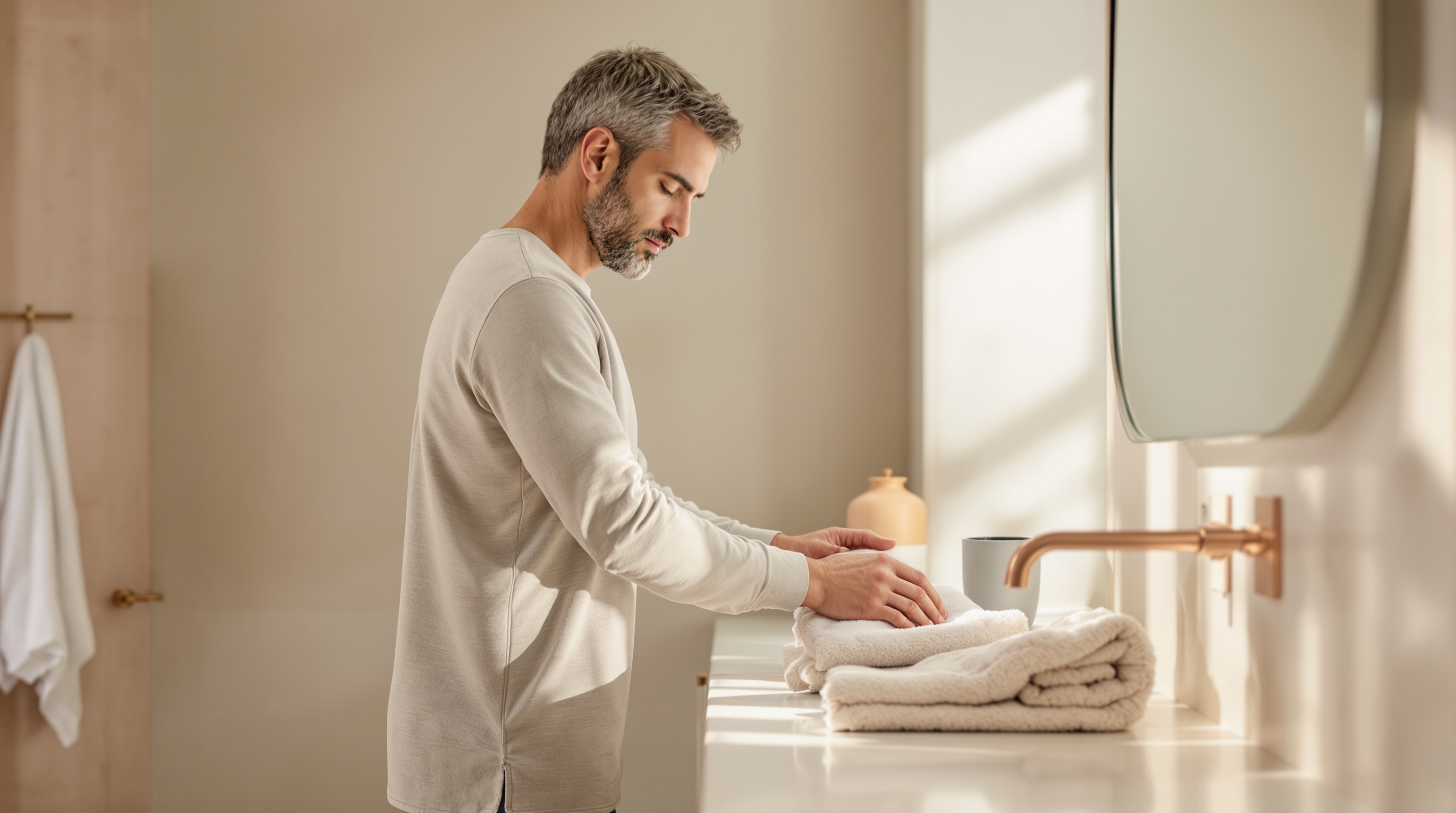 A man in a long-sleeve top folds a linen towel at a sunlit bathroom counter in the morning